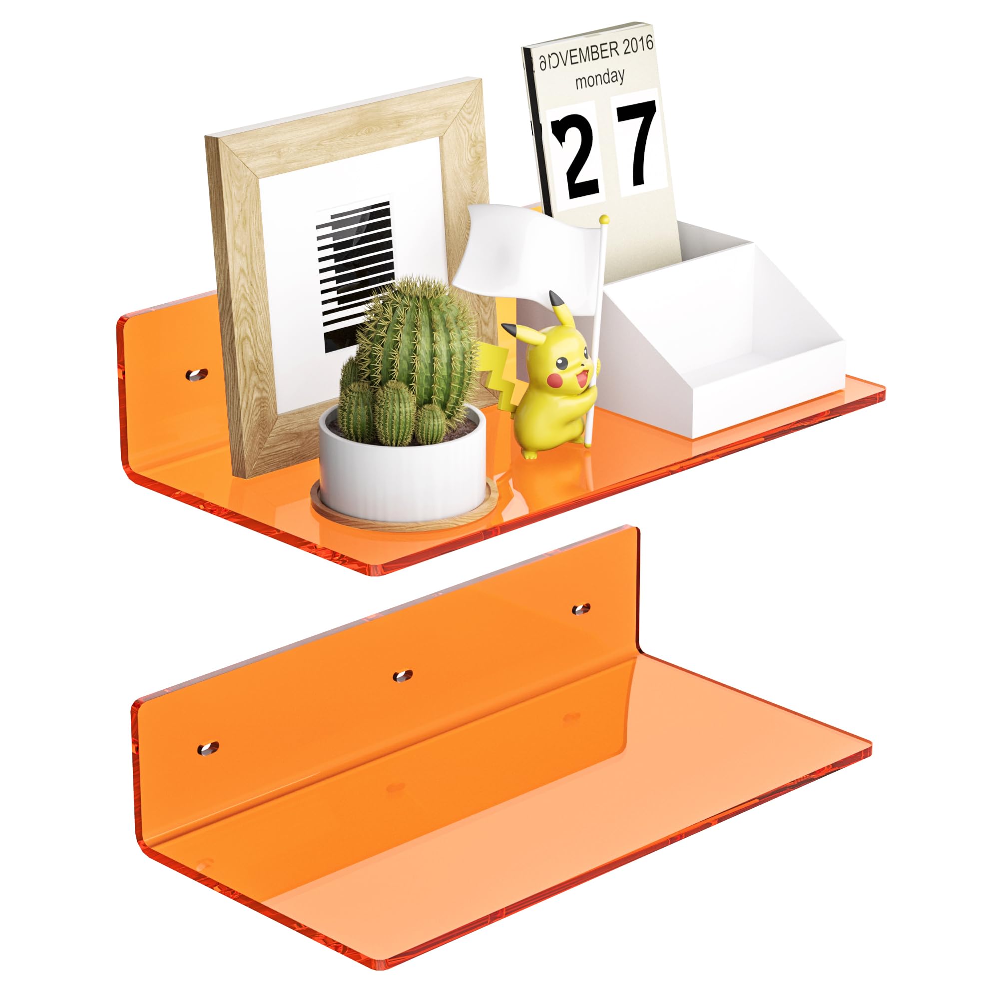 Sezanrpt 30cm kleine orange Wandregale Set von 2, Acryl schwebendes Regal für Schlafzimmer, Wohnzimmer, Regale, Smart Lautsprecher, 2 Packung