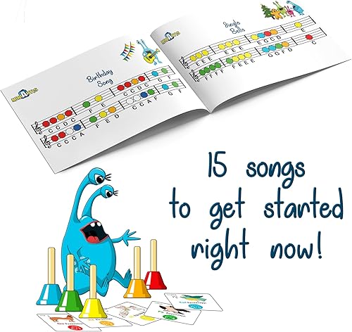 Miniatura 5 de MINIARTIS Campanas de mano para niños  Juego de 8 notas de metal colorido diatónico  Incluye cancionero musical, tarjetas flash, estuche de