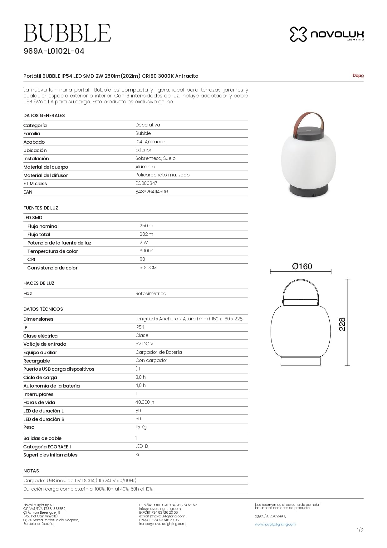 Lampada portatile BUBBLE, per interni ed esterni IP54 LED SMD 2W, ricaricabile, in alluminio, ideale per terrazze e/o balconi, residenziale o ristorazione o locale, antracite | IP54