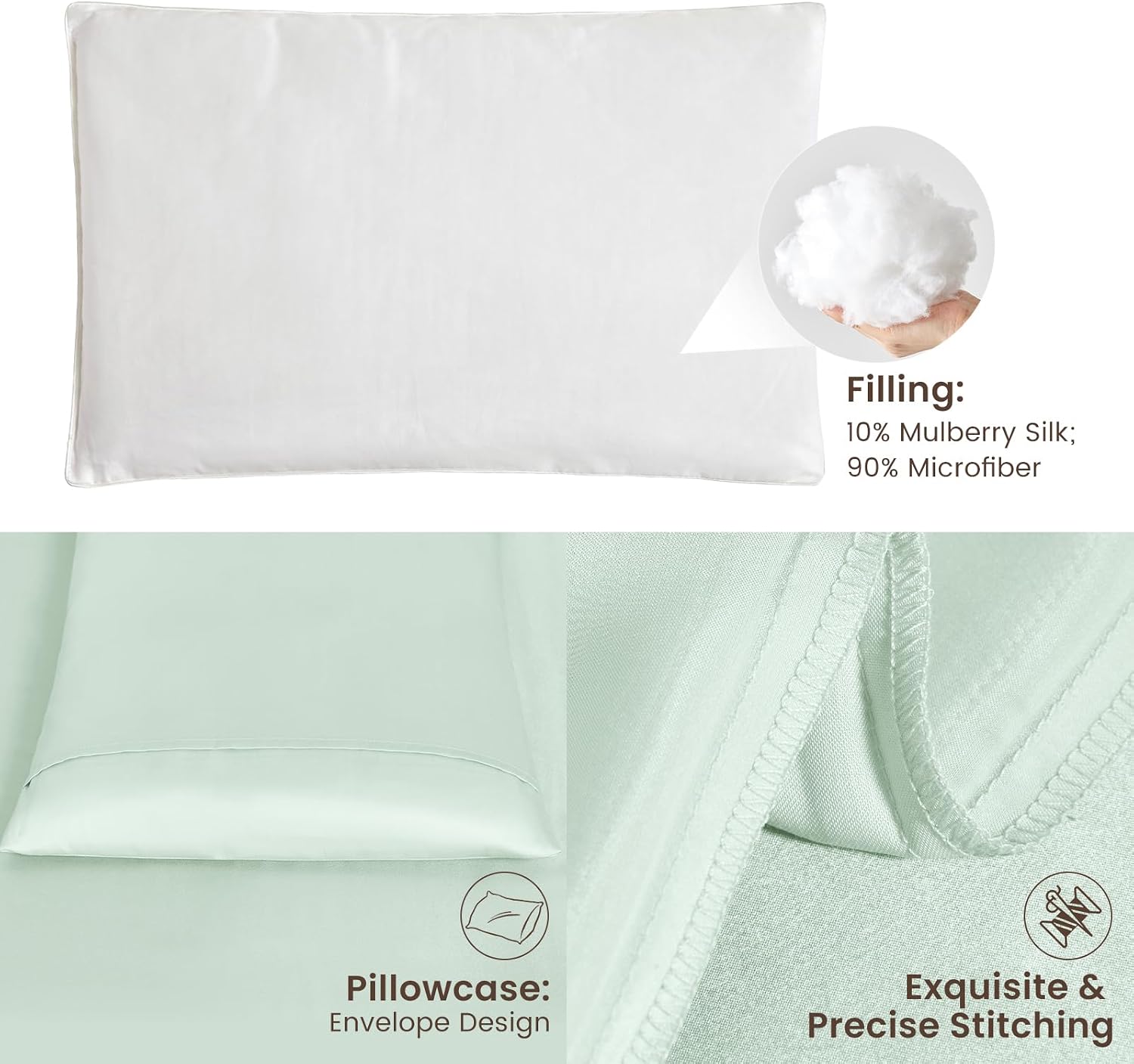 THXSILK Toddler Pillow 13x18 100% Silk Pillowcase with Tencel Underside, 10% Mulberry Silk & 90% Microfiber Filling for Infants 0-3 Years Machine Washable Soft Breathable Travel (1 Pack, Mint Green)