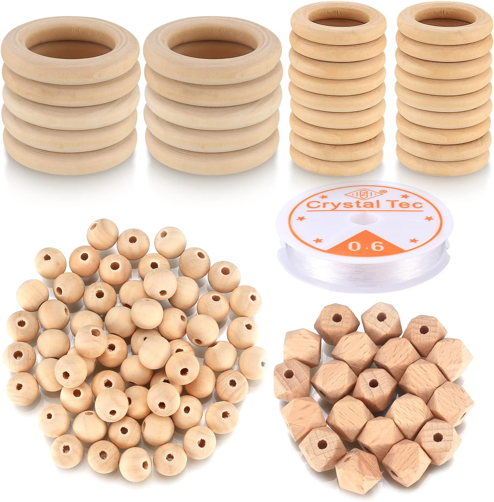 110 Pcs Macrame Wooden Beads and Rings Set, Including 30 Pcs 35mm/50mm Macrame Wooden Rings Circles for Crafts, 60 Pcs WoodenBalls with Hole, 20 Pcs WoodenOctagonal Beads, 1 x 0.6mm Elastic Thread
