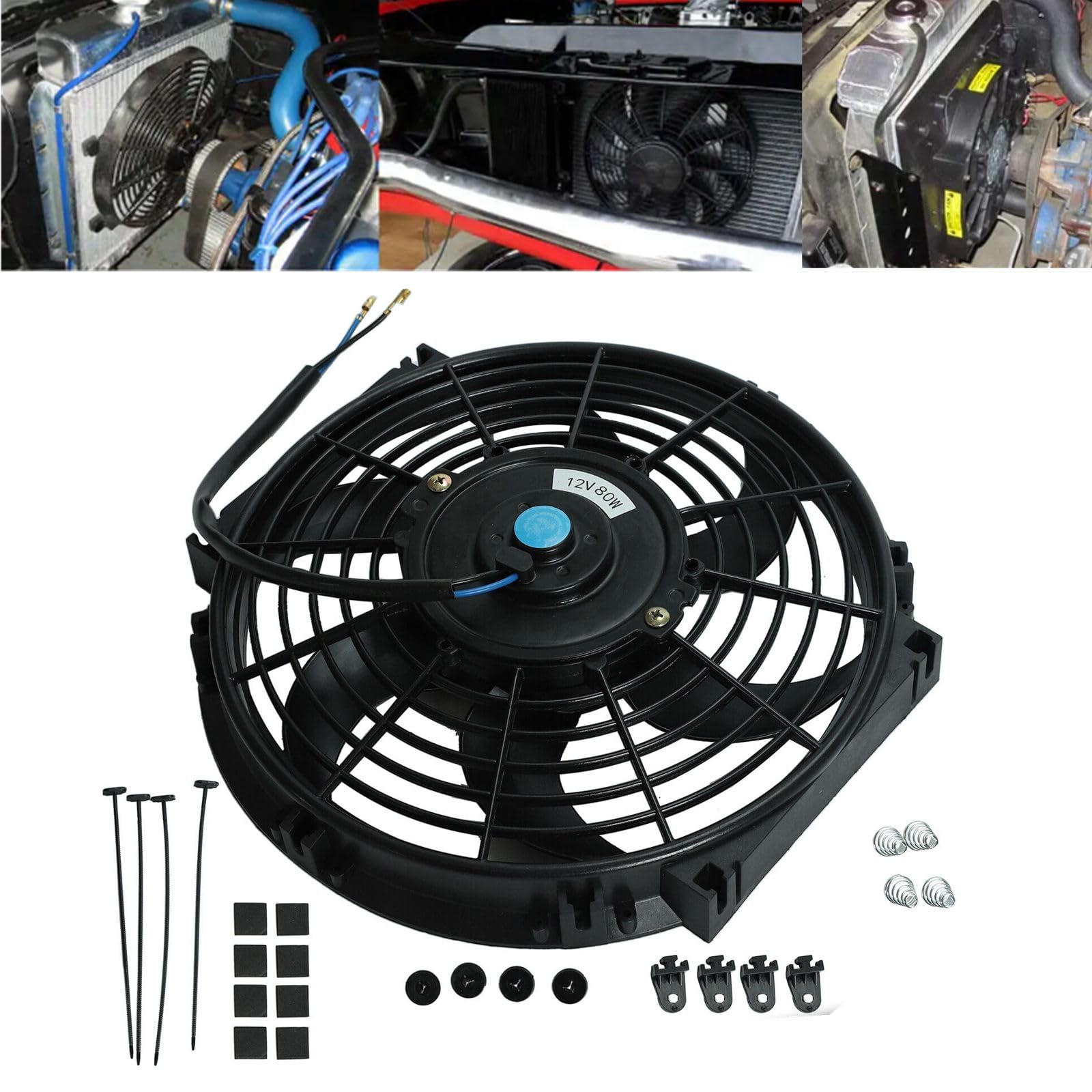 10 Inch Slim Fan Push Pull Electric Radiator Cooling Fan 12V 80w 800 CFM Mount Kit Universal Black(10'')