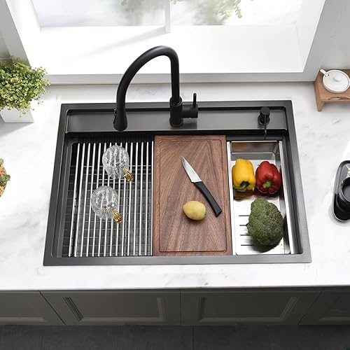 Miniatura 3 de Fregadero de cocina de 28 pulgadas, con protección contra salpicaduras, color negro, fregadero de montaje superior, calibre 16, fregadero grande de
