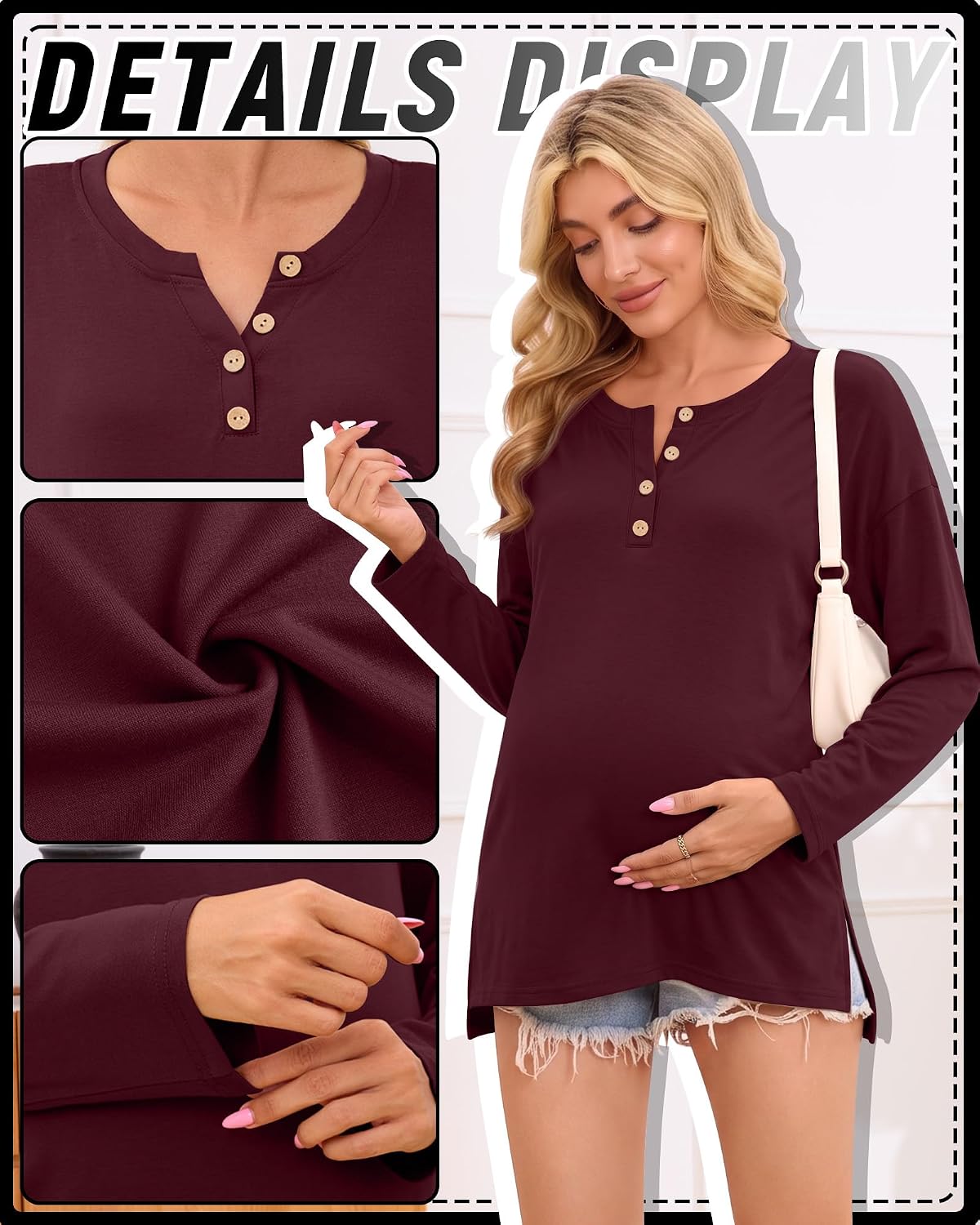 Ficerd Women's Maternity Henley Shirts Pregnancy Tops, XX-Large, Wine Red