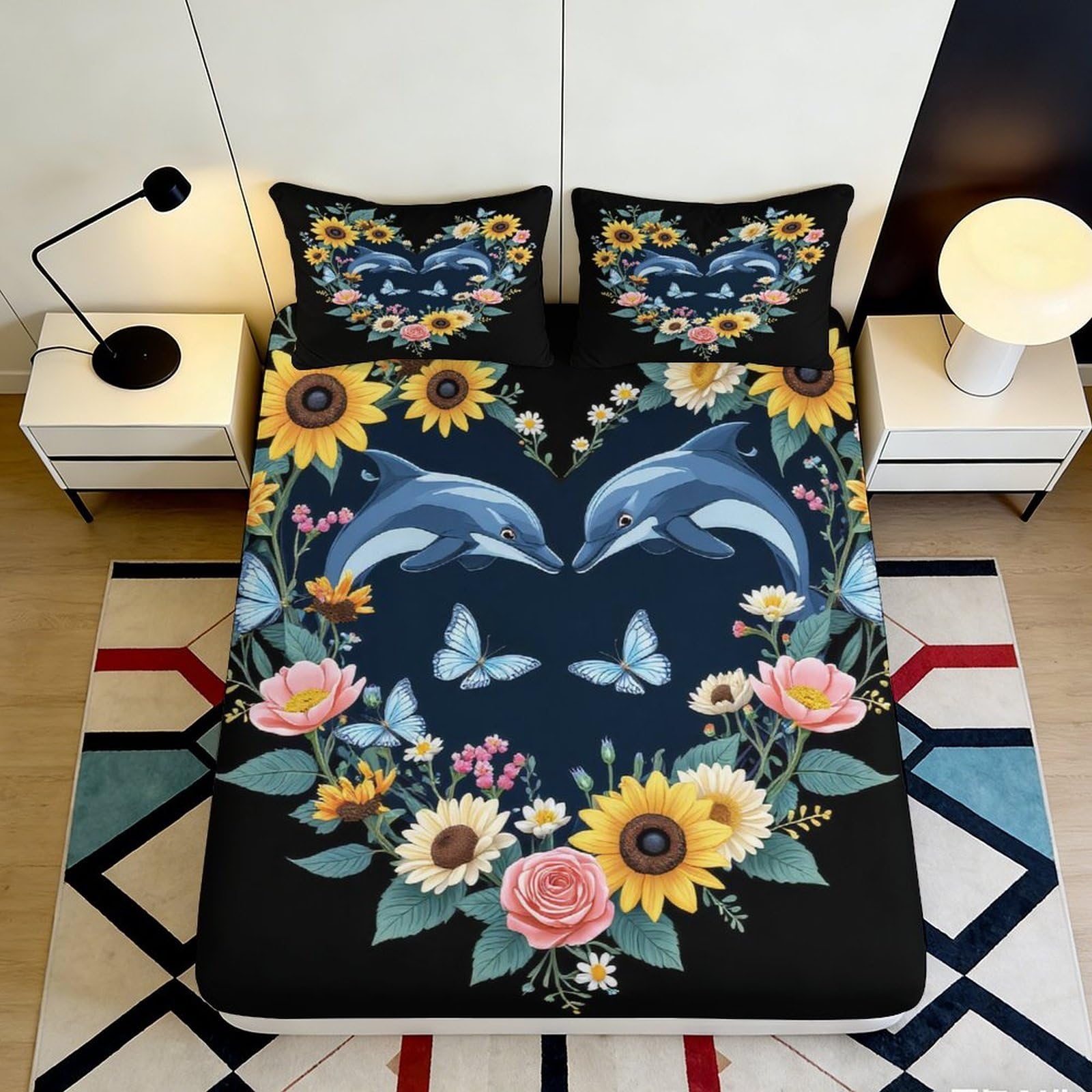 3D Printed Dolphin Sunflower Fitted Sheet Microfiber Soft Mattress Cover Floral Bedroom Decor for Adults Teens 90x200x25cm