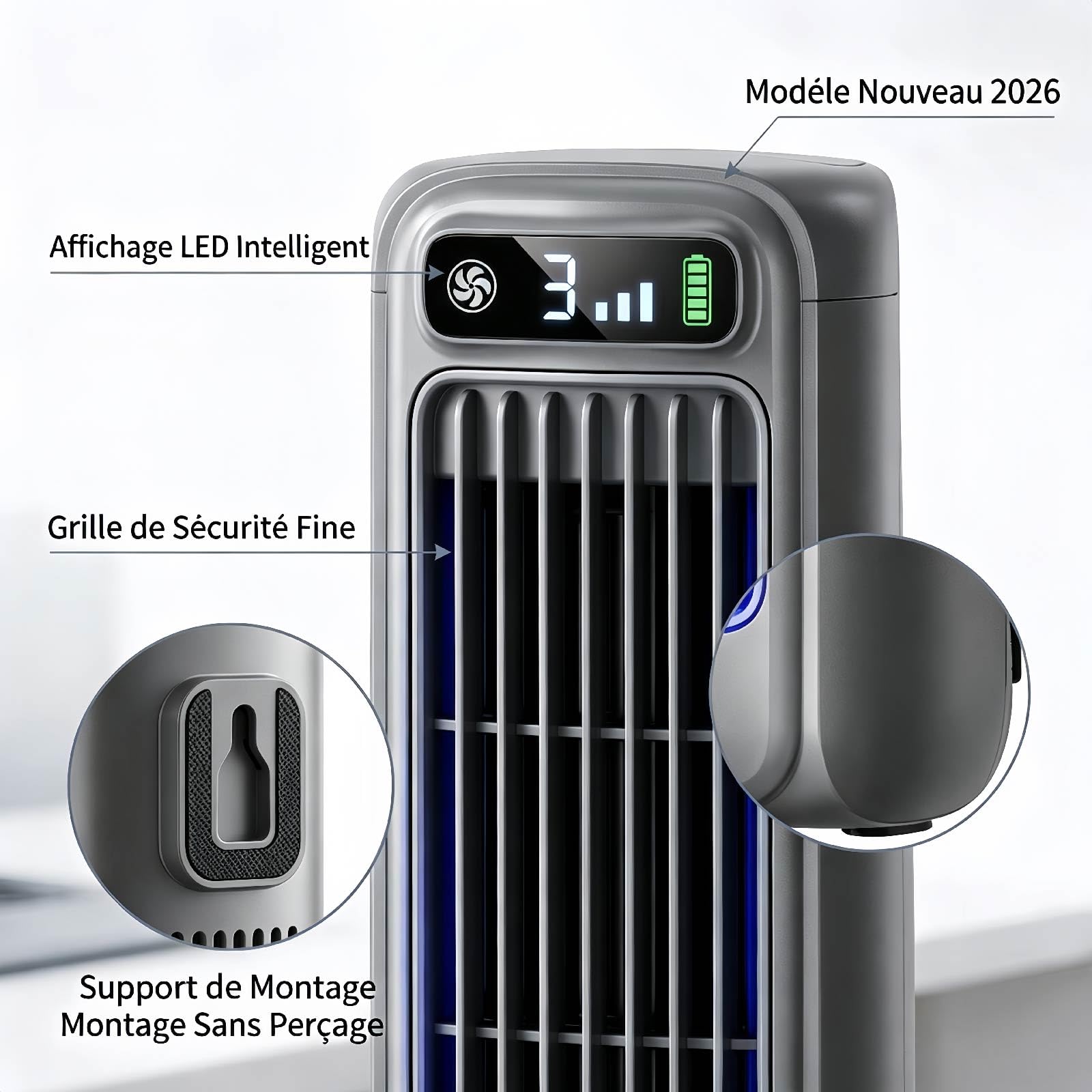 Bricoro Cooling Ace Original Rafraichisseur d’air Portable, Ventilateur de Climatiseur Portable Silencieux Mural Réglable à 3 Vitesses pour Cuisine, Chambre & Bureau (1PCS-Blanc)