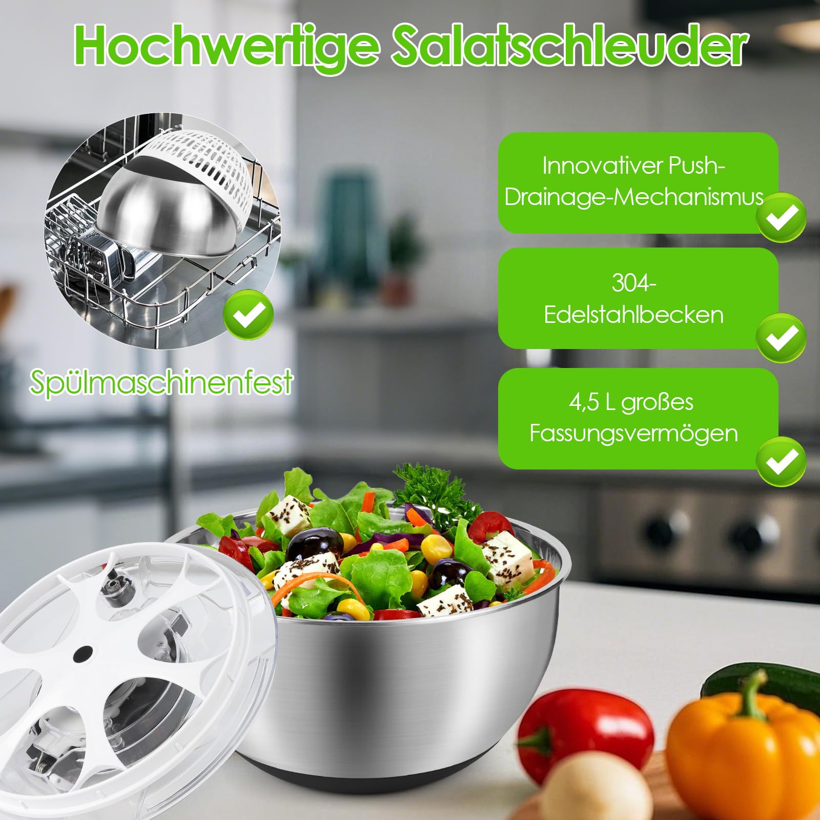 Salatschleuder Edelstahl Groß 4,5L, Push-Typ Salatschleuder mit Deckel, Rutschfestem Boden, Salad Spinner Zum Waschen und Abtropfen von Salaten, Abgießen von Nudeln usw