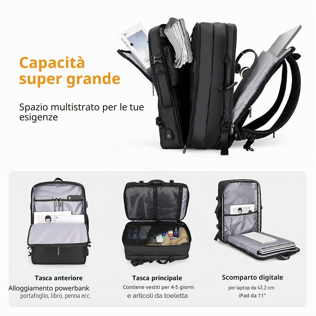 MARK RYDEN Zaino per Laptop a Prova di Furto, 15,6 pollici/ 17 pollici Zaino da Lavorocon Caricatore USB, 40L zaino da Viaggio Impermeabile, Nero