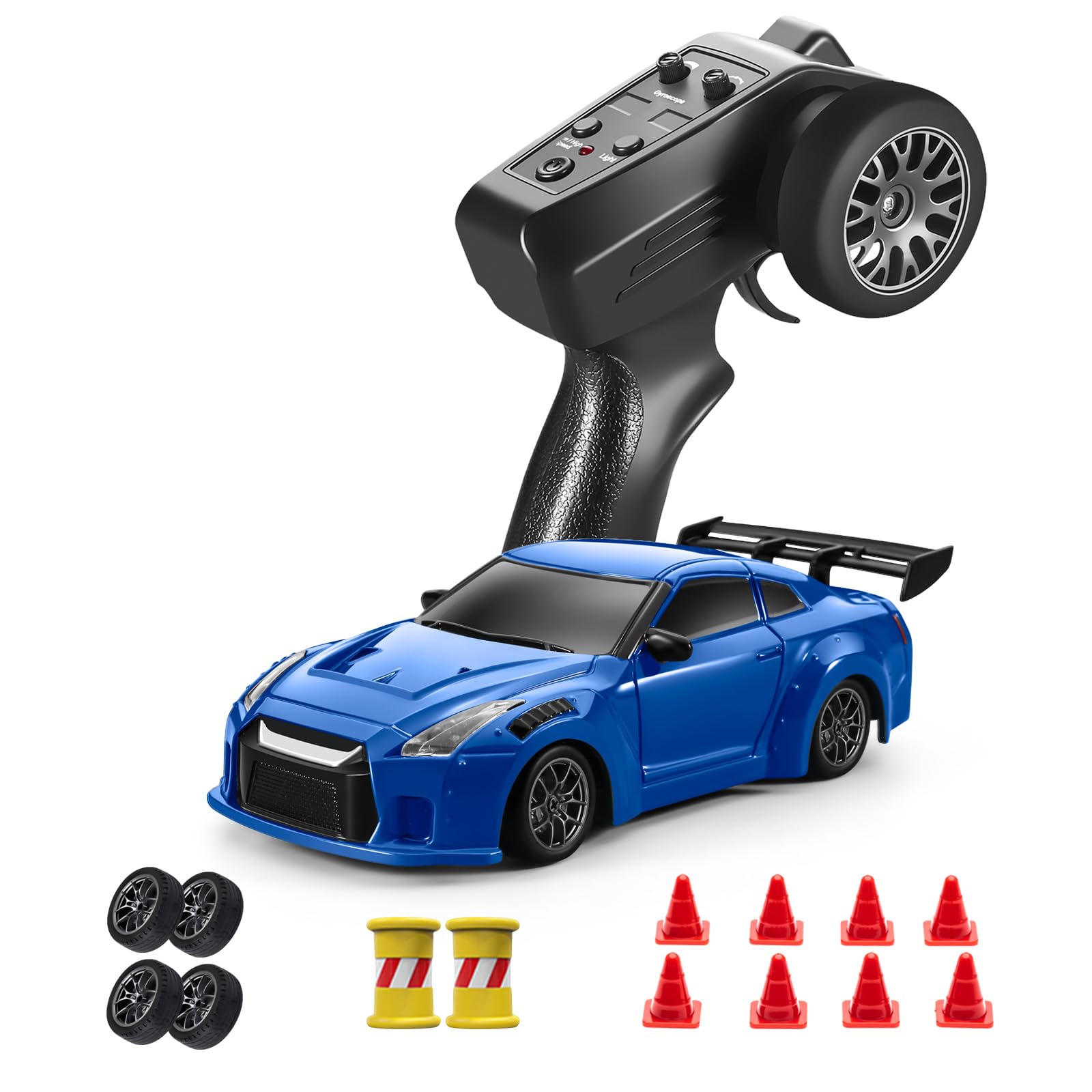ACAMMZAR Mini RC Drift Car with Gyro, 1:43 4WD Full Proportional RC Cars, 18KM/H High Speed Remote Control Car with Lights, Extra Racing Tires, Vehicle for Adults Kids Boys, Blue