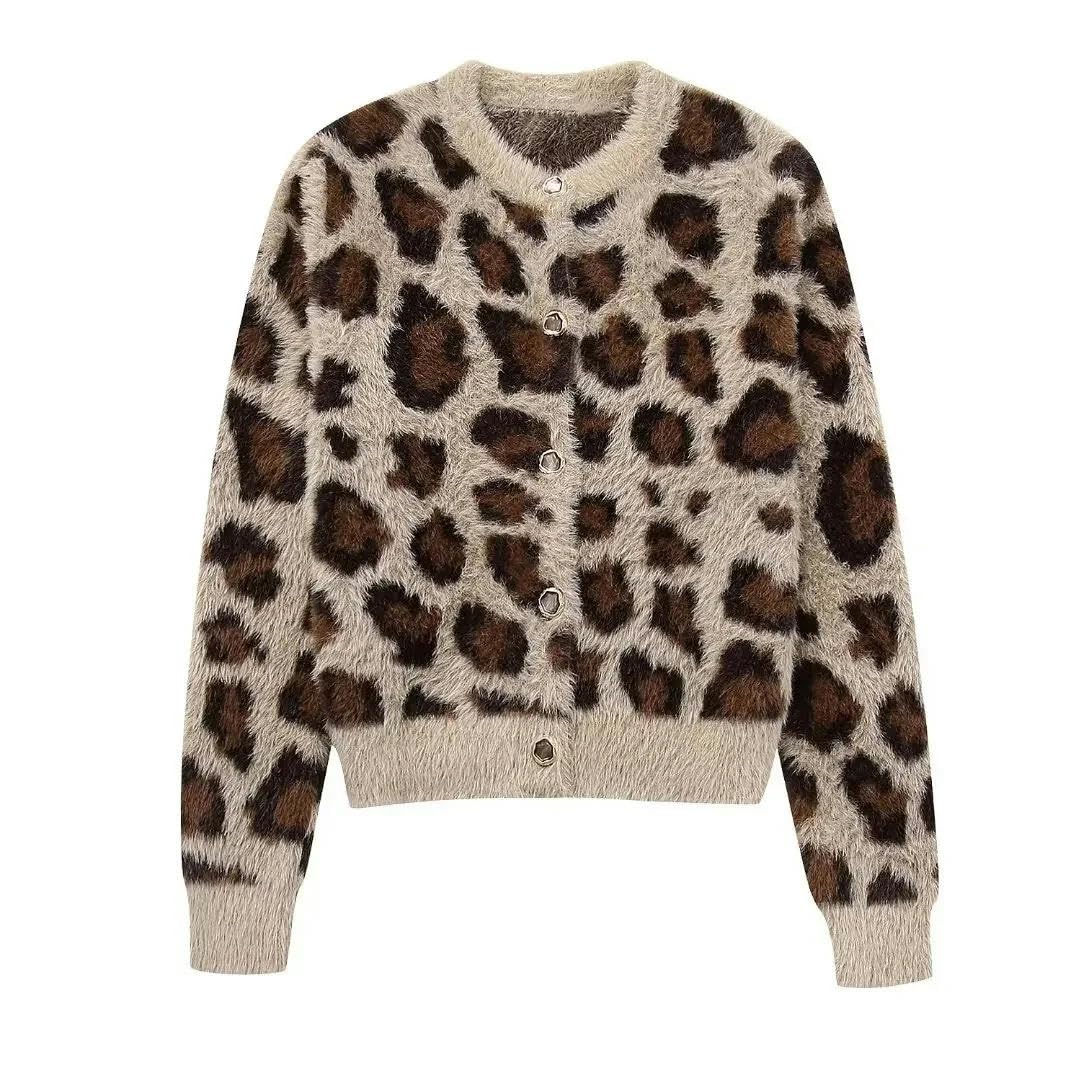 GORGLITTER Gebreid damesvest, elegant, V-hals, cardigan met luipaardpatroon, open voorkant, met knoop, vrijetijdsjas, herfst en winter, Luipaardparden, XL