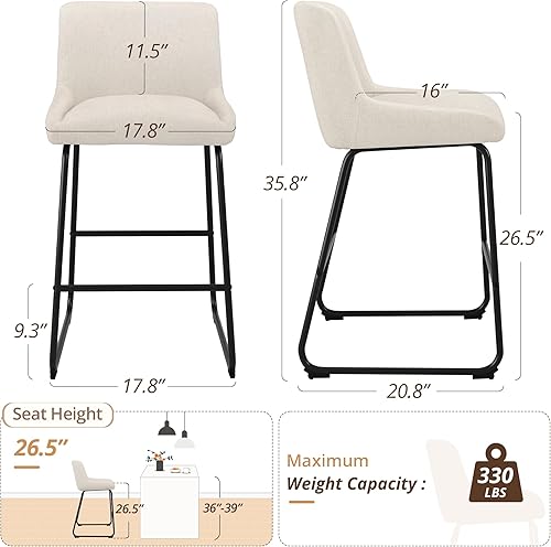 Miniatura 2 de LUE BONA Juego de 4 taburetes de bar de altura de mostrador de 26 pulgadas, taburetes de bar tapizados de lino, taburete de bar con respaldo,