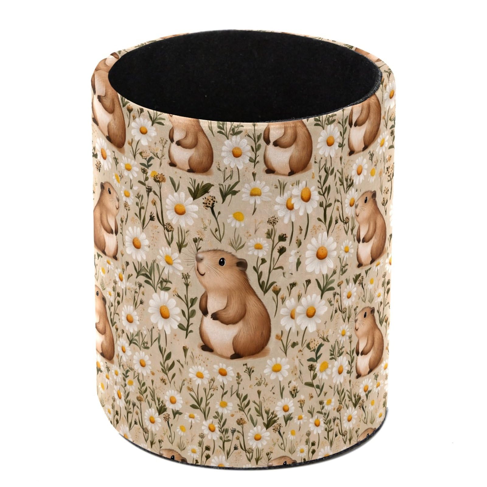 HEOEH Capybaras Daisies Pen Holder for Desk, PU Leather Pencil Holder Pen Cup Marker Holder Makeup Brush Holders, Desk Accessories & Workspace Organizers for Home, Office