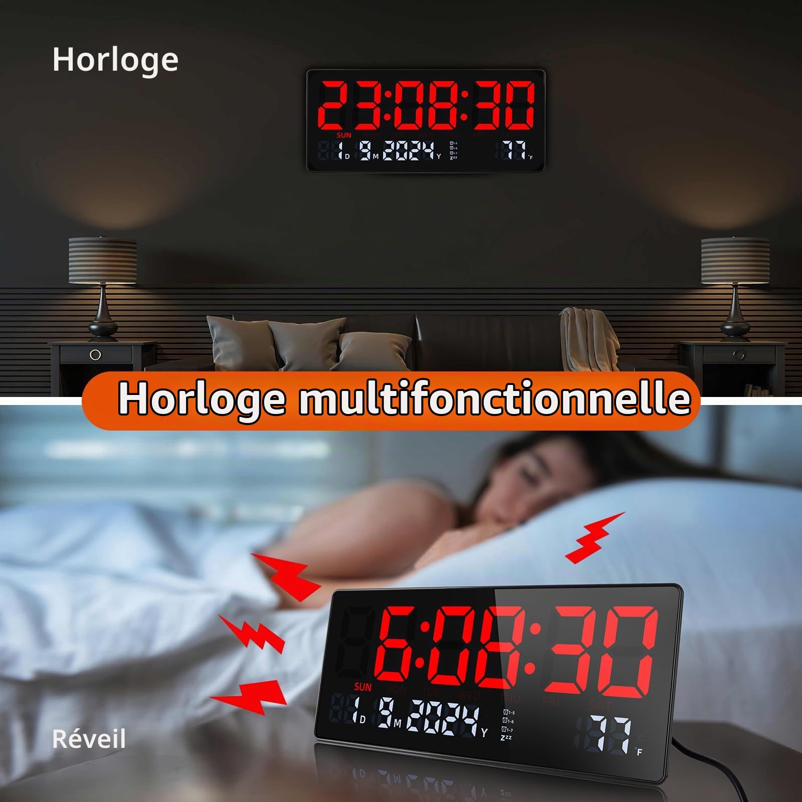 Fuloon Horloge Murale Numérique Réveil Grand écran LED Horloge numérique avec Télécommande Date Semaine Température pour Salon Cuisine Garage Bureau et Salle de Classe (Rouge)
