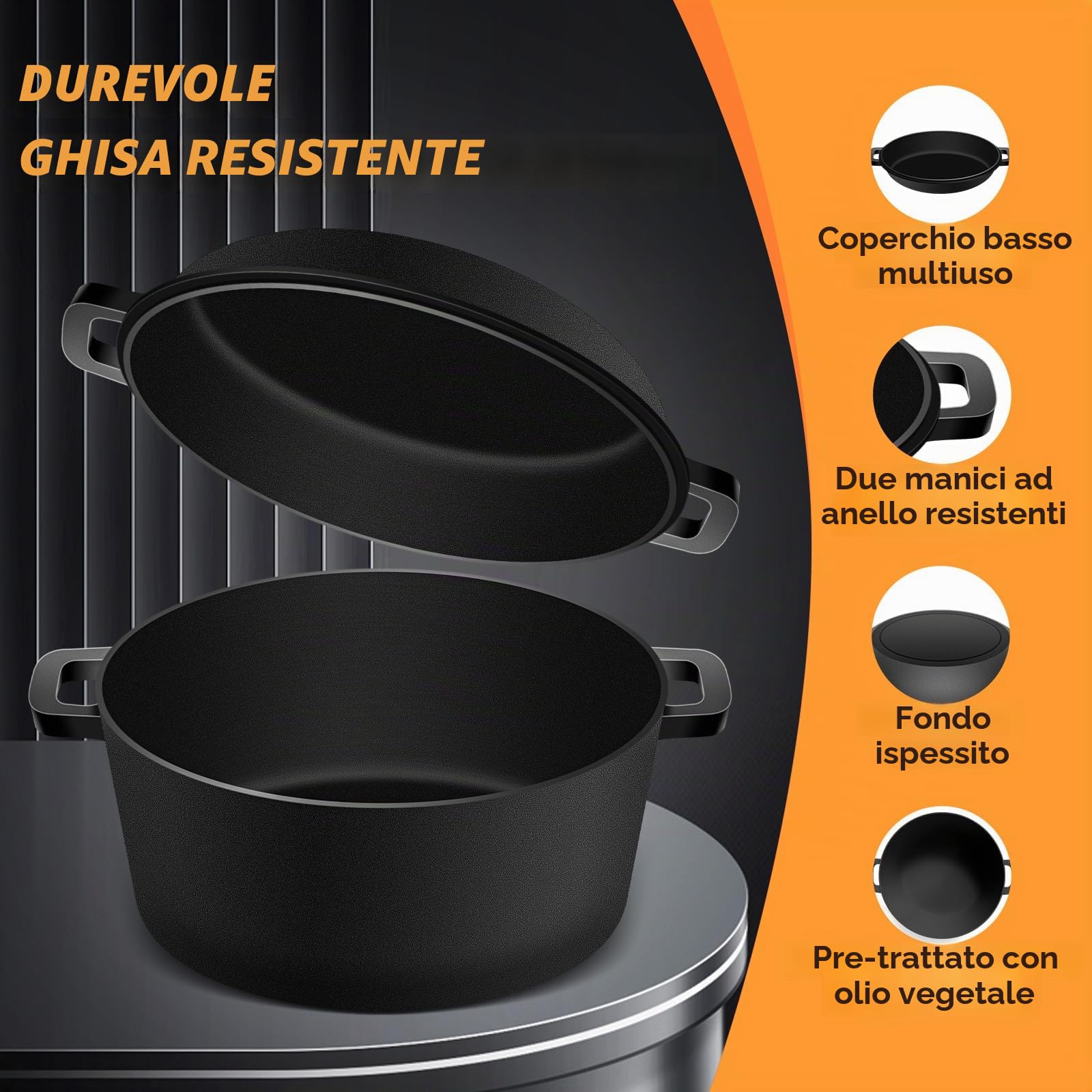 Pentola in ghisa olandese NZQXJXZ per la cottura del pane, casseruola con coperchio, fornelli, 2 in 1 con padella, 5QT