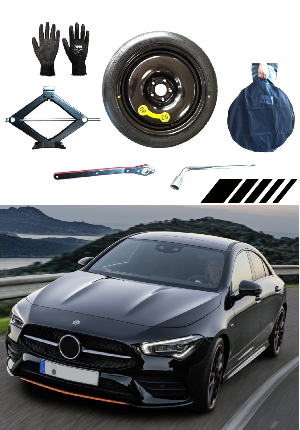 Kit Roue de secours 18" compatible avec Mercedes CLA AMG avec Cric, Clé, Gants et Sac