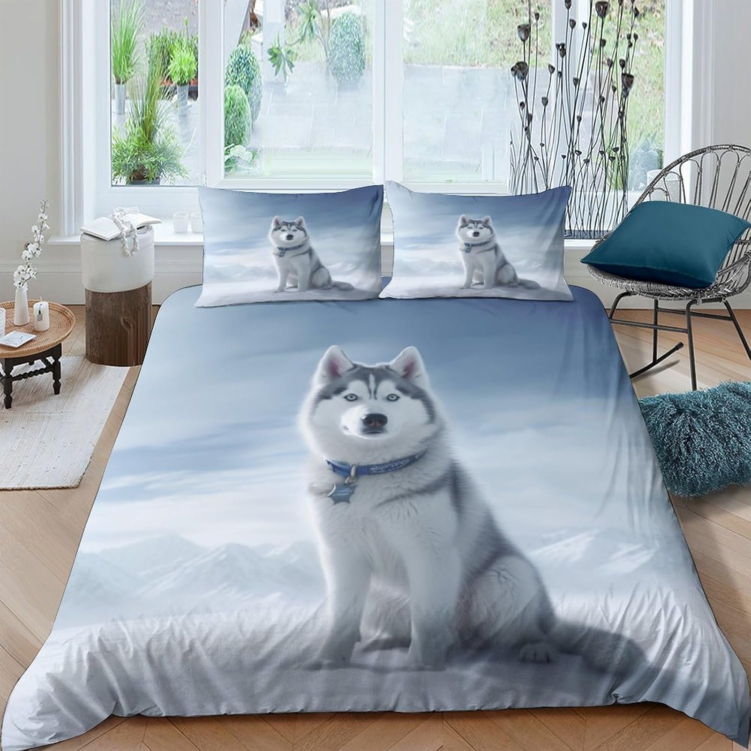 Housse couette imprimé chien 260x240 avec fermeture éclair pratique pour lit de 2 personnes