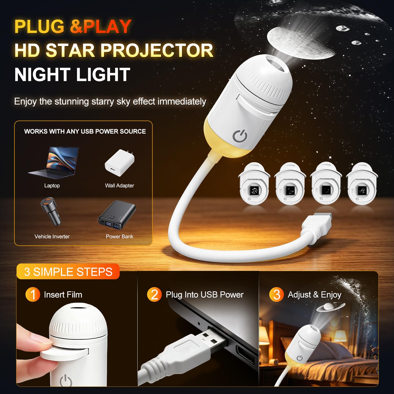 Proyector de galaxia, luz nocturna, lámpara de estrella USB 2 en 1, regalo para niños para dormitorio | Brillo ajustable, decoración de techo para pared de coche y habitación