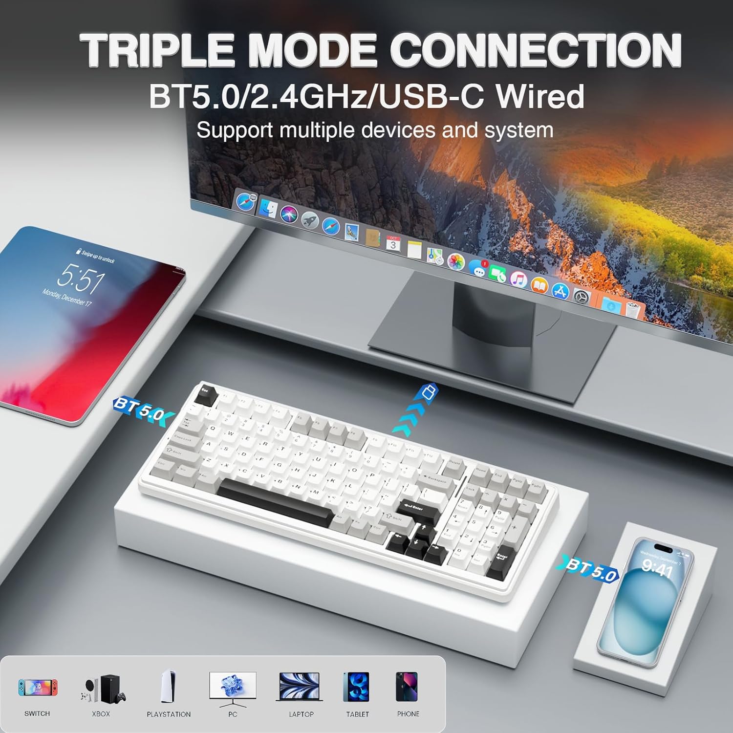 AULA Wireless Keyboard and Mouse Combo, F99 Mechanical Keyboards Hot Swappable Custom Keyboard+SC580 Wireless Gaming Mouse Black