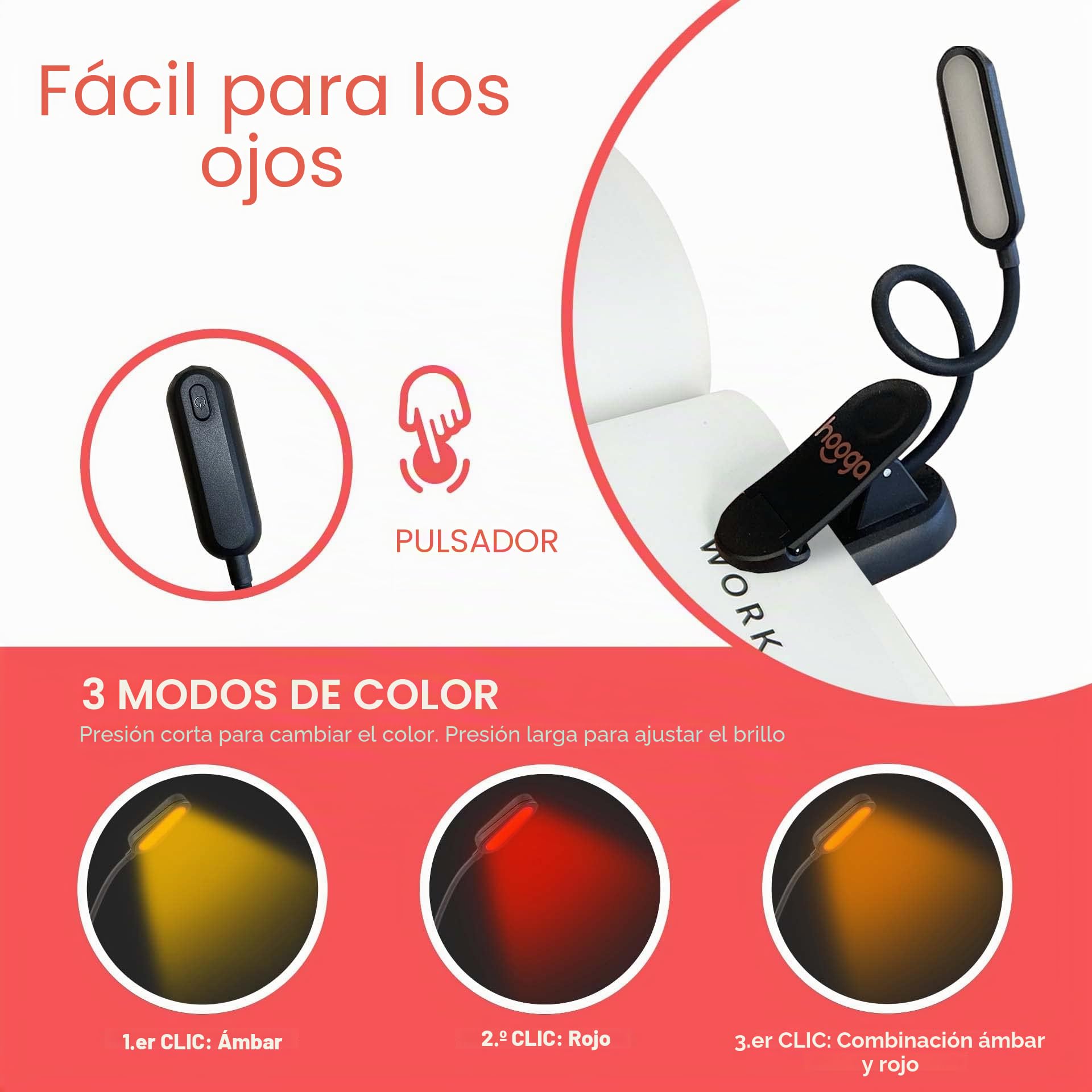 Hooga Luz de libro ámbar, bloqueo de luz azul, recargable modo dual de lectura nocturna, ámbar de 1600 K y rojo de 625 nm para leer en la cama. Regalo para estudiantes, niños