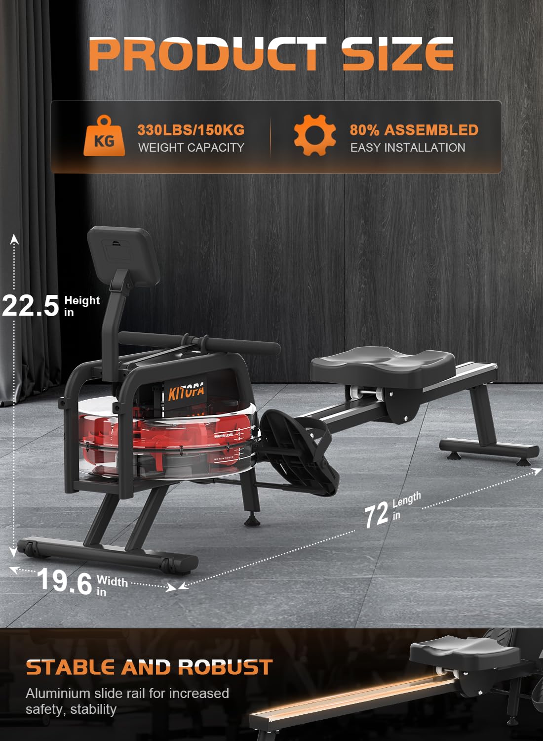 Kitopa Vogatore per palestra domestica, vogatore pieghevole in legno di quercia, con monitor Bluetooth e supporto per telefono regolabile, vogatore ad acqua capacità di carico 200 kg, compatibile con