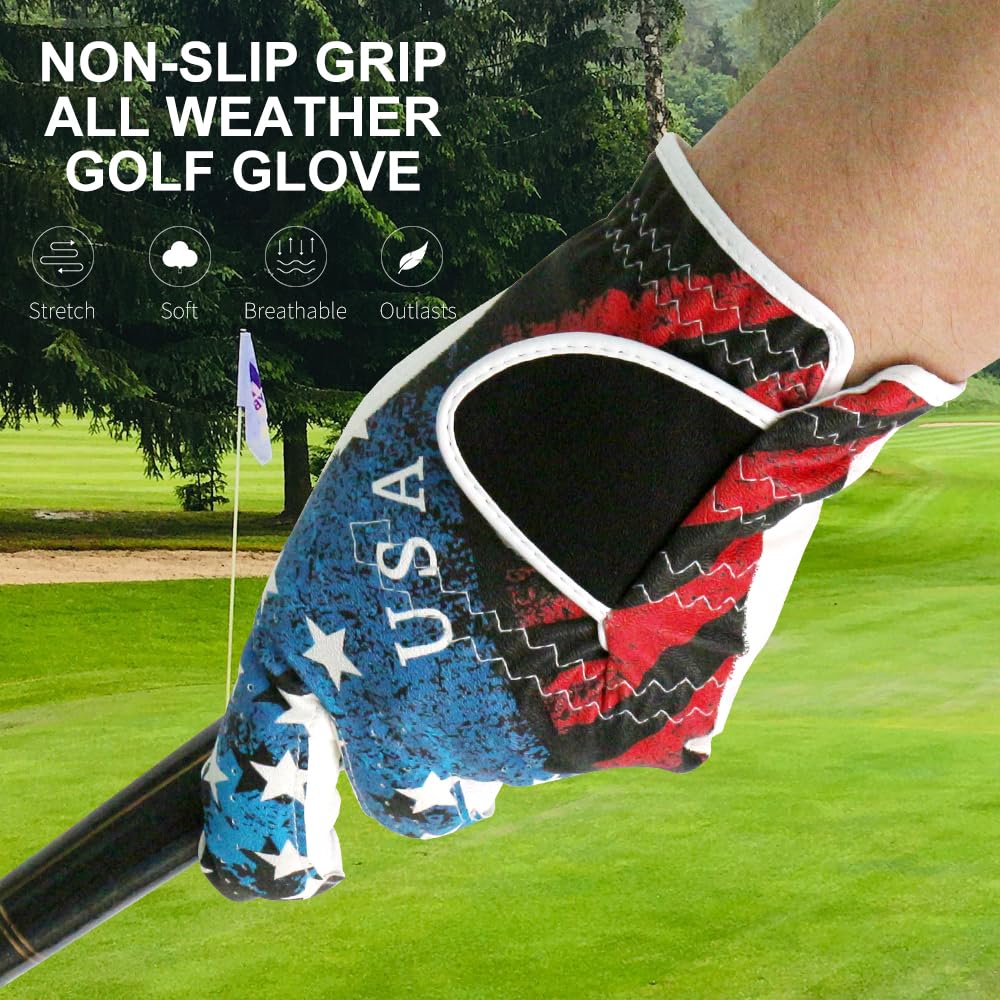 GOLTERS Golf Gloves for Men and Women Left Hand for Right Handed Golfer The American Flag Printing Synthetic Leather Lycra Fiber Adjustable Closure (Men's USA Flag Golf Gloves, Large)