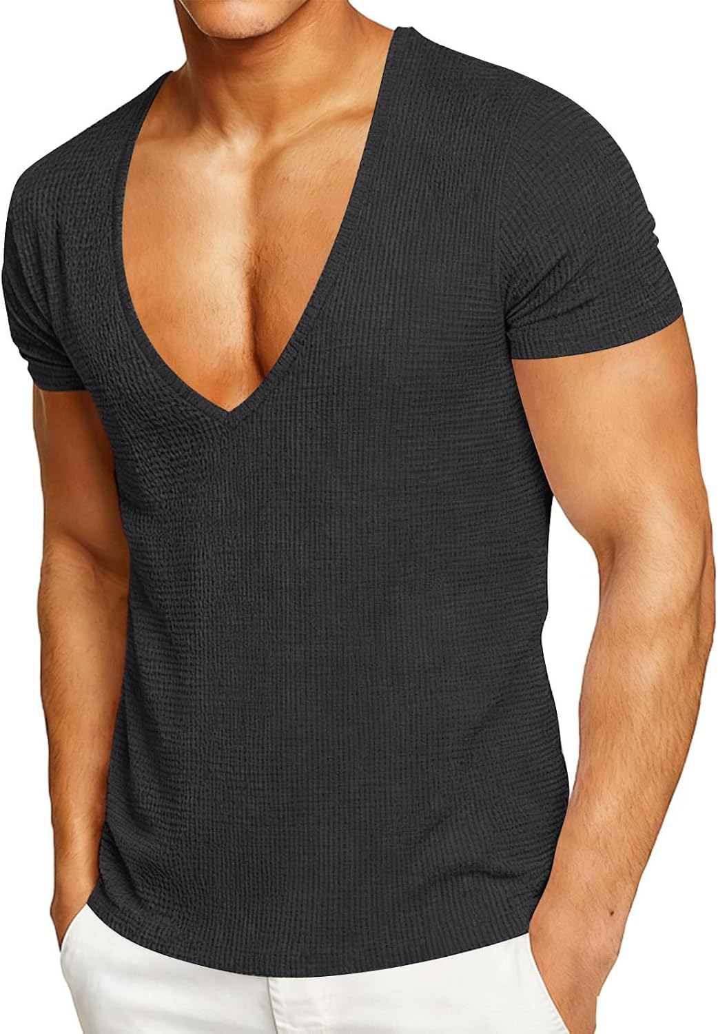 Mens Casual Deep V-Neck T-Shirts Waffle Knit Short Sleeve Tops Spring Summer Casual Waffle Pullover Tees