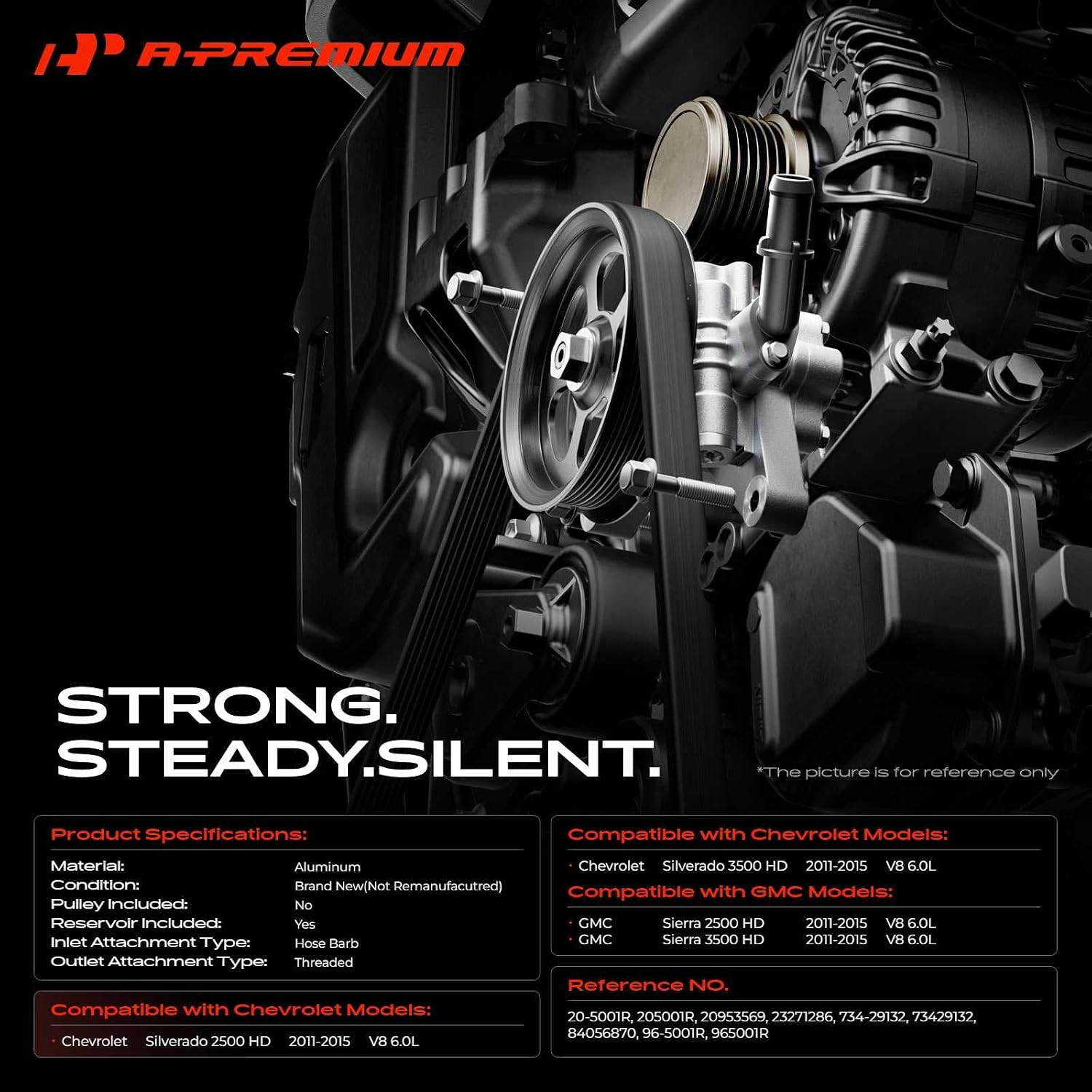 A-Premium Power Steering Pump, with Reservoir, Compatible with Chevrolet Silverado 2500/3500 HD 2011-2015 & GMC Sierra 2500/3500 HD 2011-2015, 6.0L