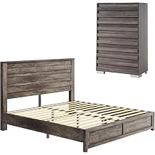LUXOAK 2 Piece Slatted Bedroom Set Queen Bed Frame & 5 Dresser, Grey