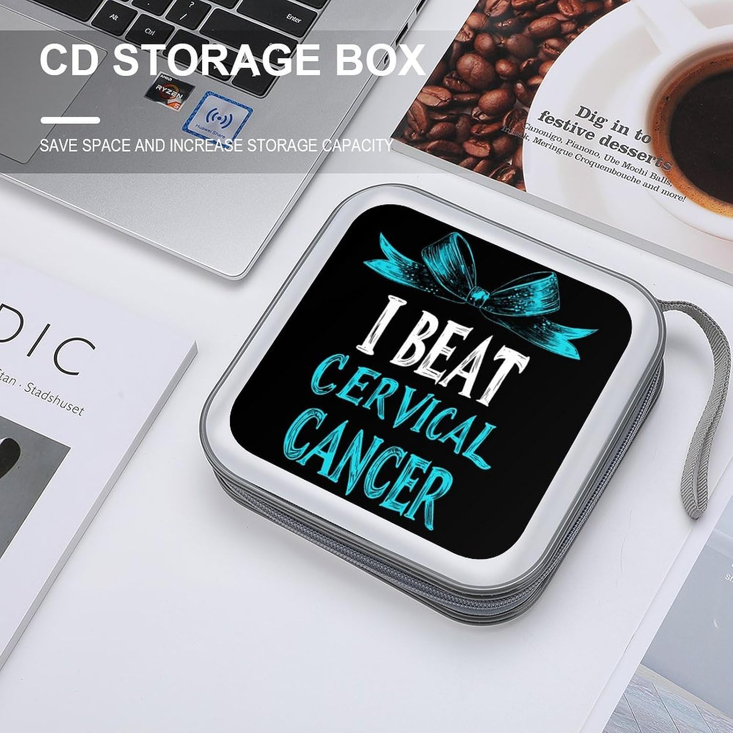Cervical Cancer Warrior CD Case DVD Storage Holder Binder 40 Capacity | protective,hard case,protable loop,travel car use,zippered closure