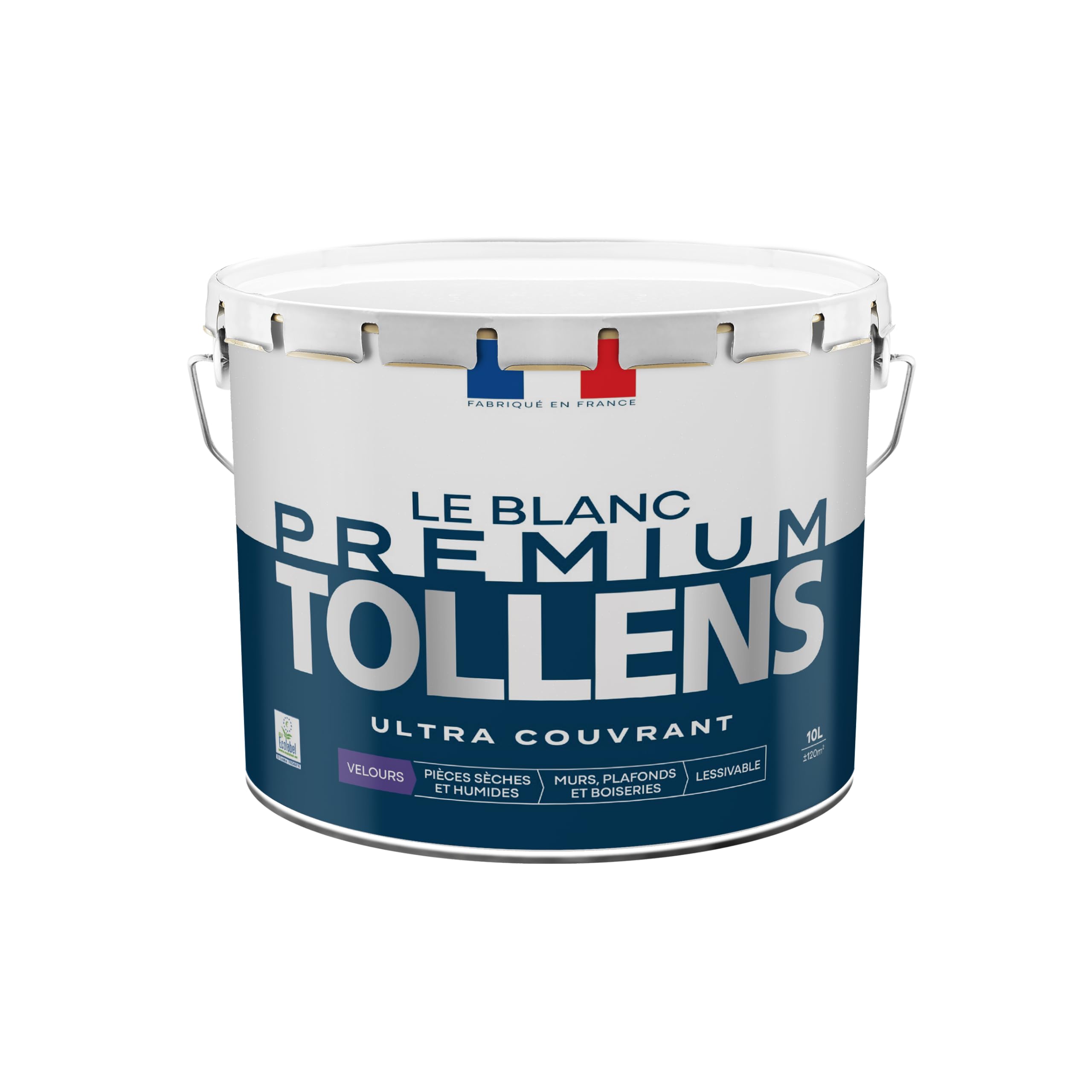 Tollens - Peinture Blanche - Murs, Plafonds & Boiseries - Blanc Premium - Pièces Sèches et Humide - Ultra couvrante - Lessivable - Rapide - Ecolabel - Velours - BLANC - 10L = 120m²
