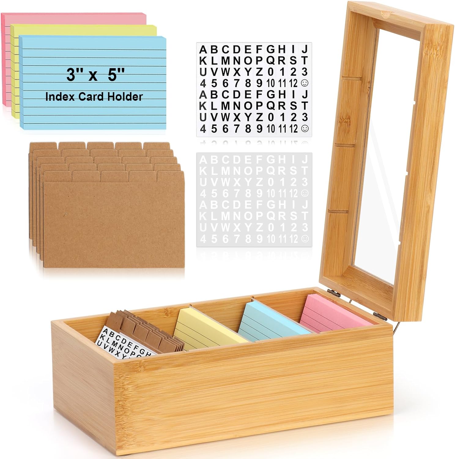 3x5 index card holder with dividers bamboo index card organizer index card storage box 150 index flash cards 25 index cards dividers 2 letter smile stickers for office business home (3 x 5 inches)