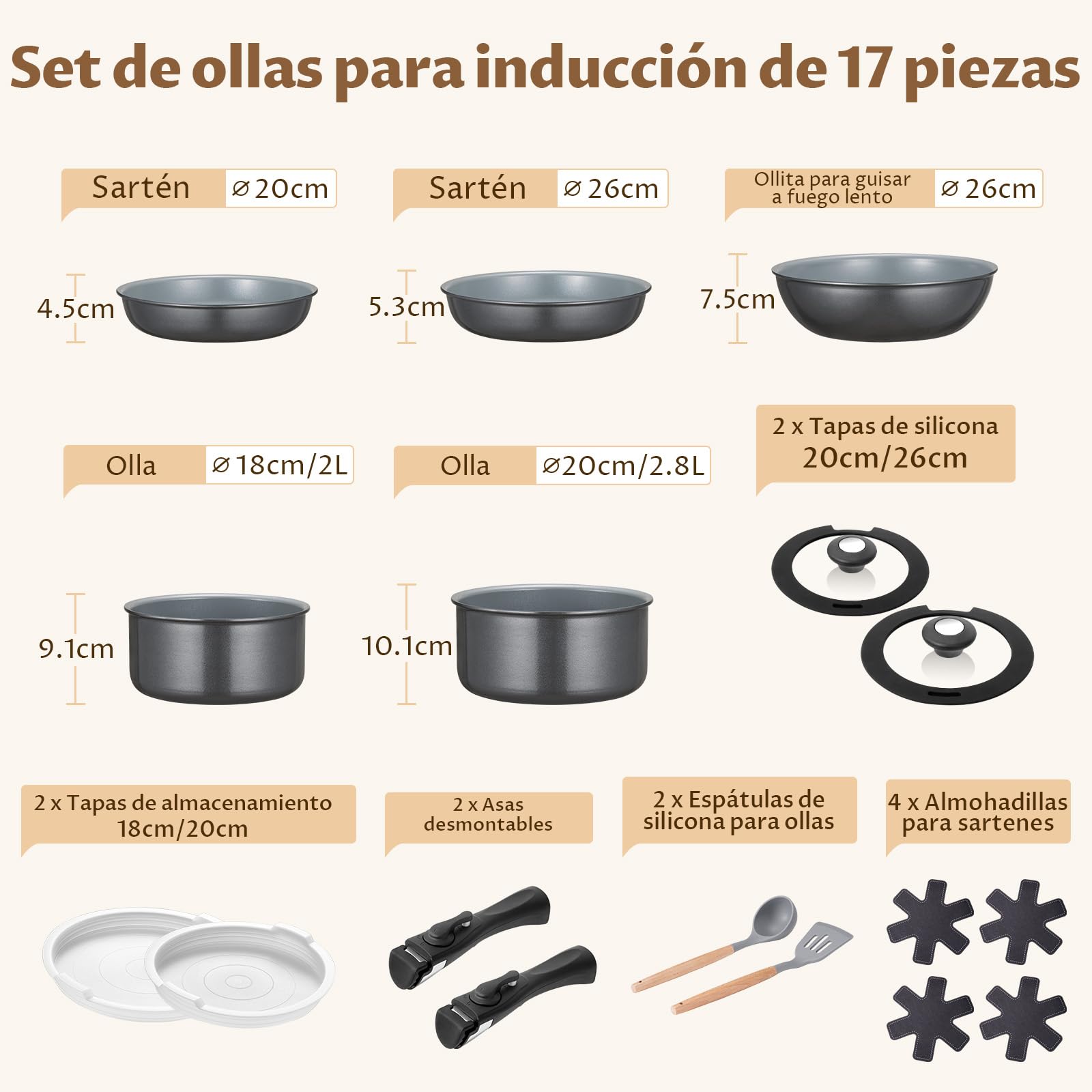 BEZIA Juego de Ollas y Sartenes de Cerámica 17 Pcs con Mango Extraíble | Sartenes antiadherentes sin PFOA/PTFE, aptas para todo tipo de cocinas, ideales para camping y espacios pequeños