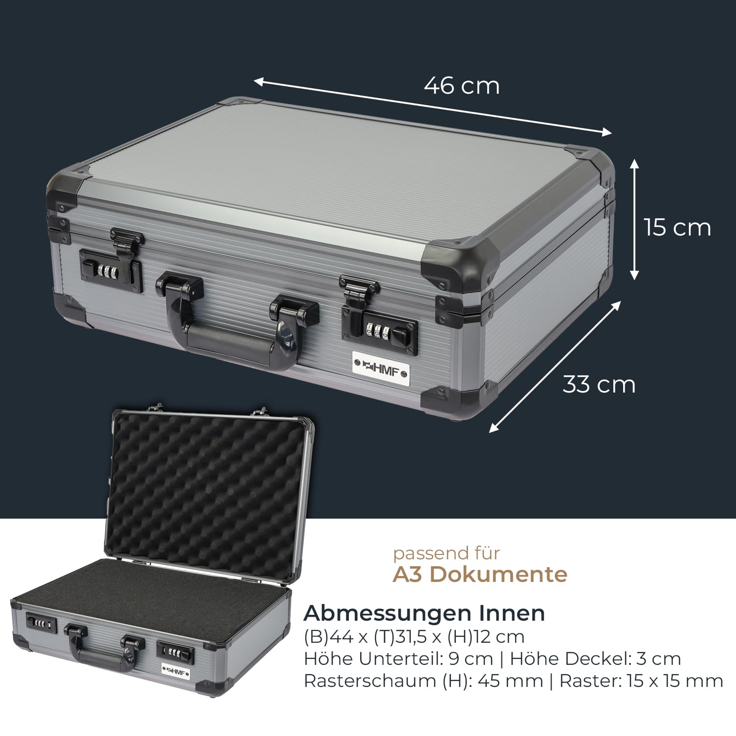 HMF 14402-02 Alu Fotokoffer, Waffenkoffer mit Rasterschaumstoff | 46 x 33 x 15 cm
