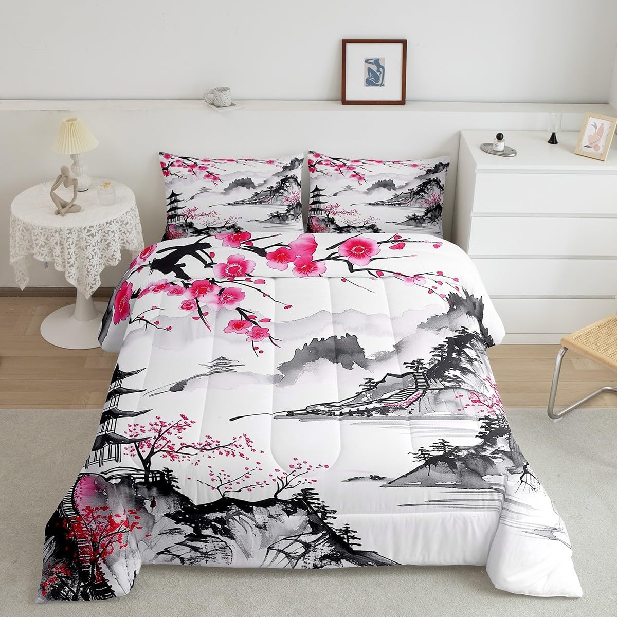 Feelyou Kids Cherry Blossoms Comforter Set Queen Size Boys Girls Japanese Style Comforter Sakura Flower Bedding Set Spring Floral Botanical Quilt Set