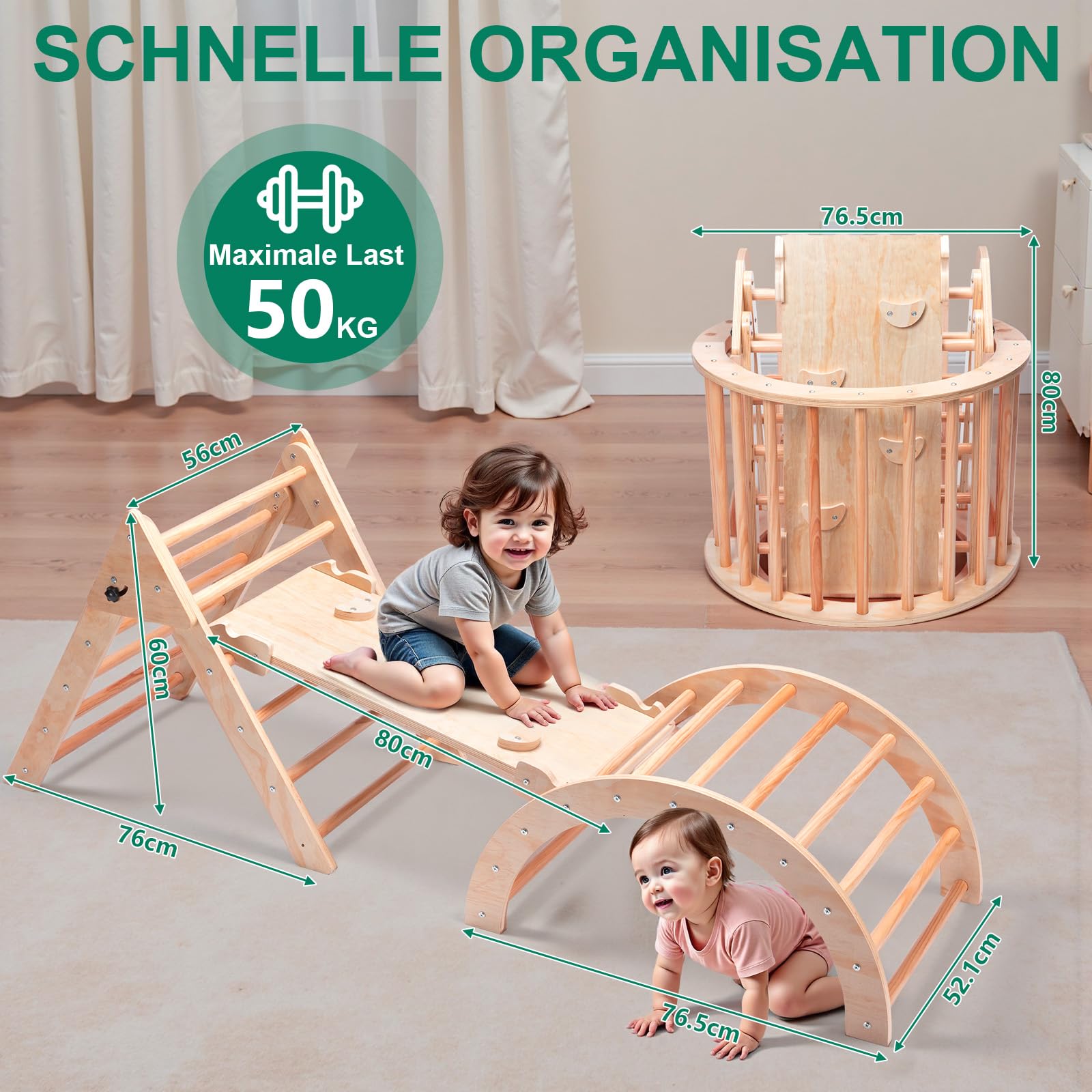 RUIE Klettergerüst Indoor 7-in-1 Kletterdreieck mit Rutsche, Hölzernes Kletterdreieck Set für kletterbogen ab 1 Jahr, Montessori klettergerüst, Kletterturm, Kinder Indoor Spielplatz