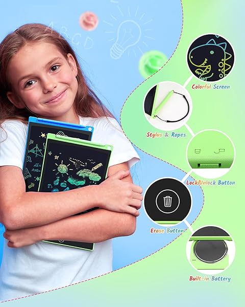 Lavagna da scrittura LCD, 2 pezzi, tablet da 8,5 pollici, per bambini e adulti, cancellabile, riutilizzabile, con tasto cancellabile (giallo e verde) - 2