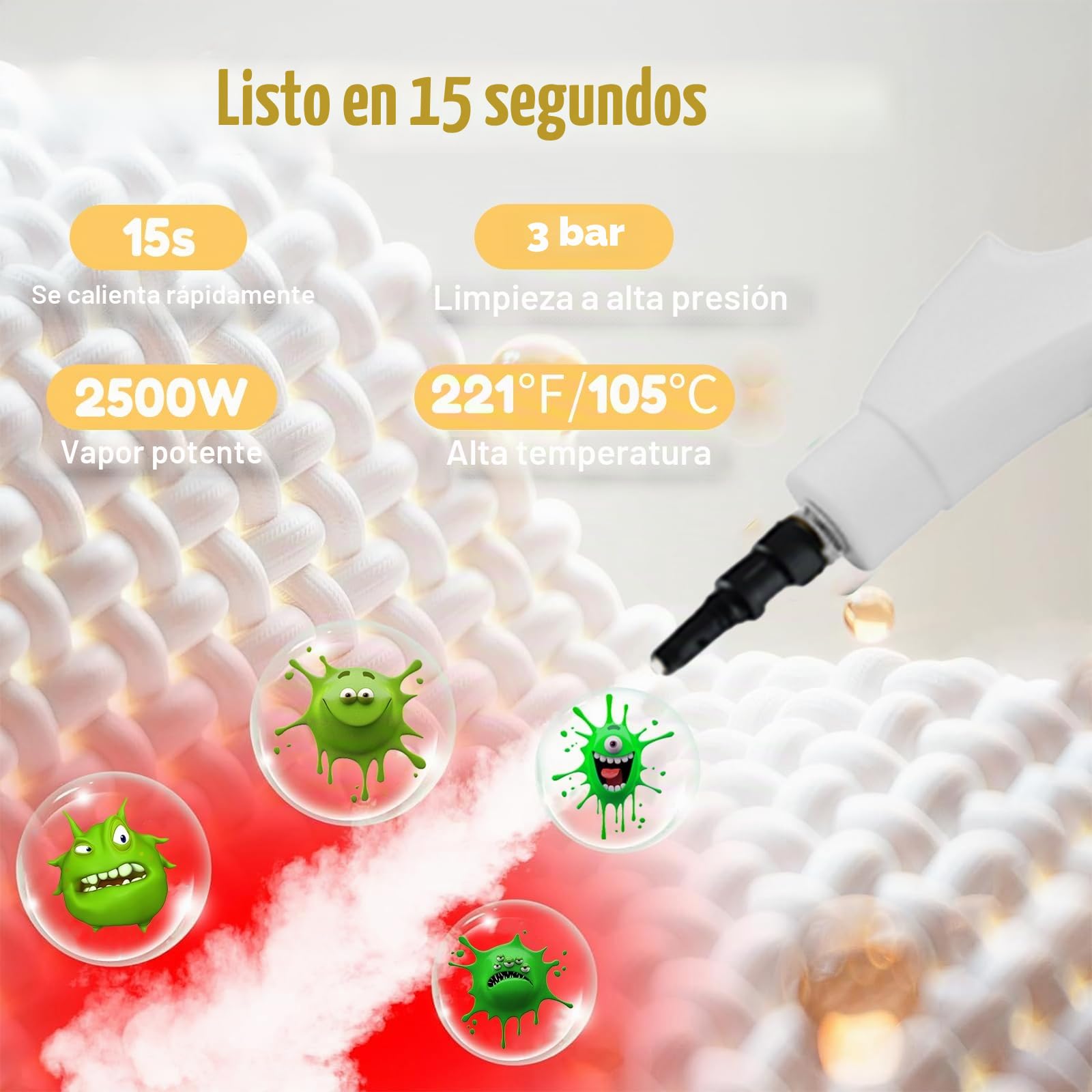 Limpiador de vapor de 2500 W, limpiador de vapor a mano, 1100 ml, tanque de agua de gran capacidad, con 3 cabezales de cepillo ajustables en 6 niveles para muebles de cocina, cuarto de baño