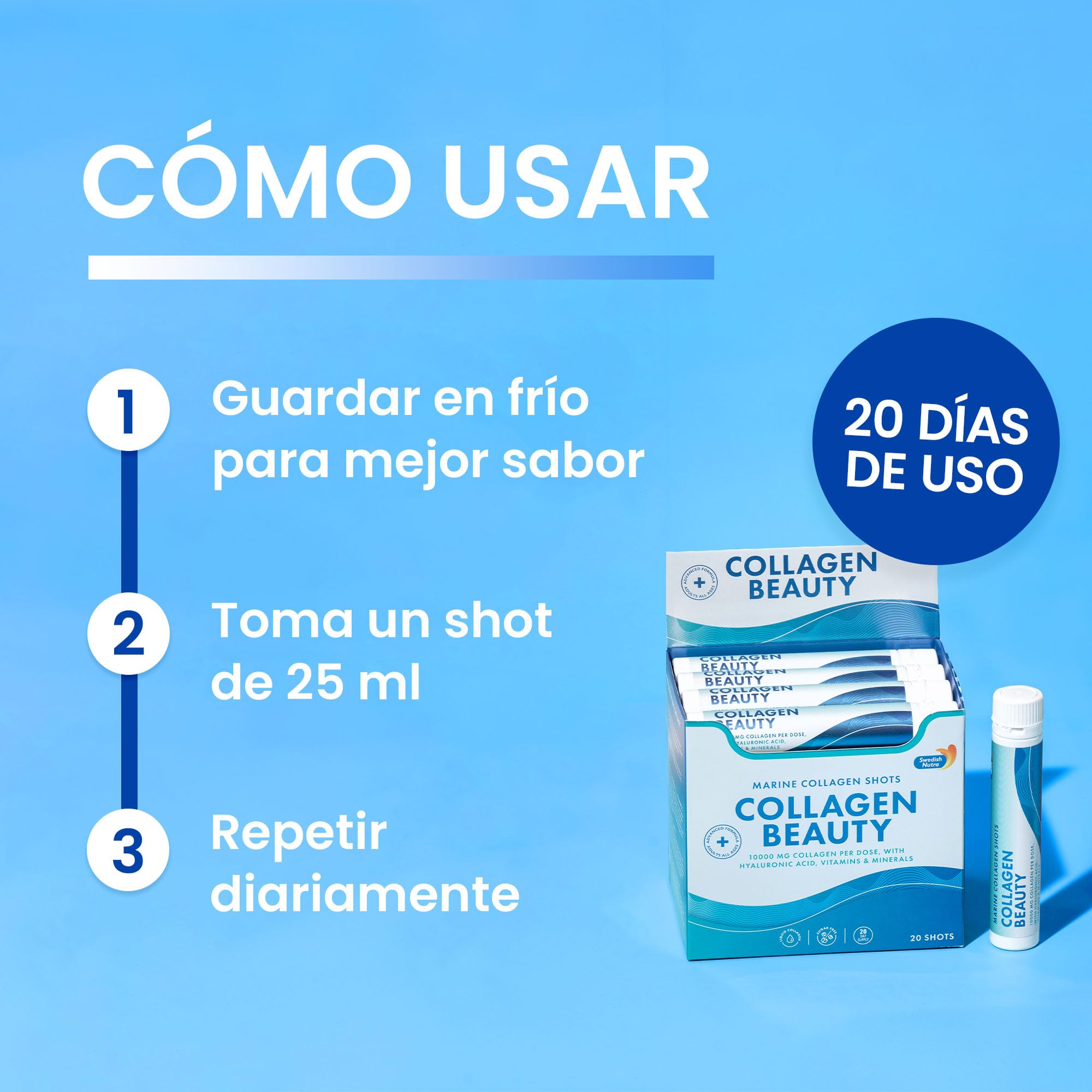 Swedish Nutra - Collagen Beauty | Suplemento líquido de colágeno marino hidrolizado de 10 000 mg - 40 dosis diarias de 25 ml | Ácido hialurónico y vitamina C para cabello, piel, uñas y