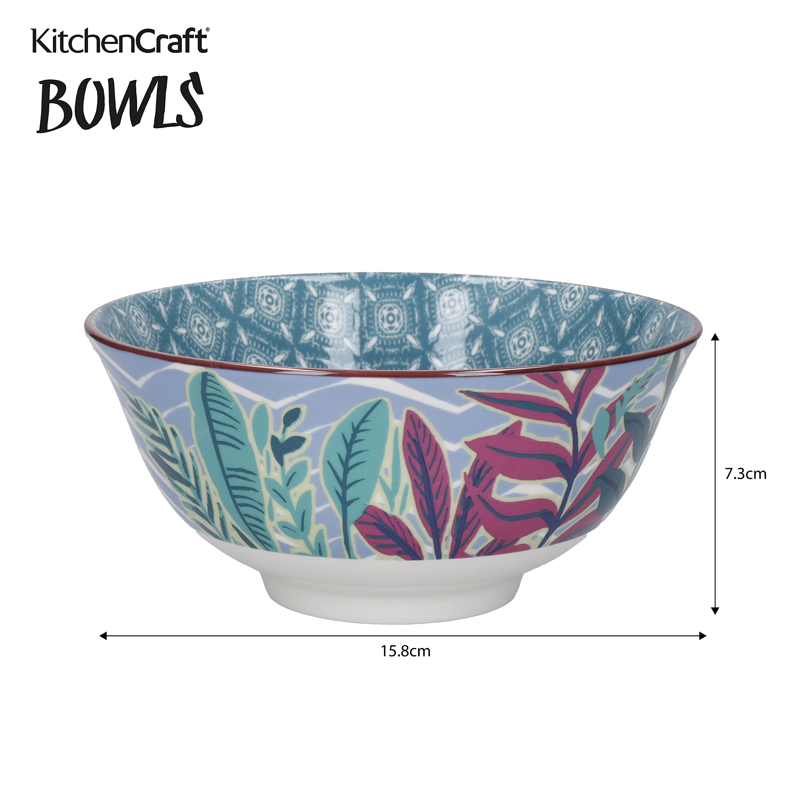 KitchenCraft Juego de 4 cuencos de gres esmaltado, Exótico, 15,5 x 7,5 cm, Caja de regalo,Azul,verde,rosa