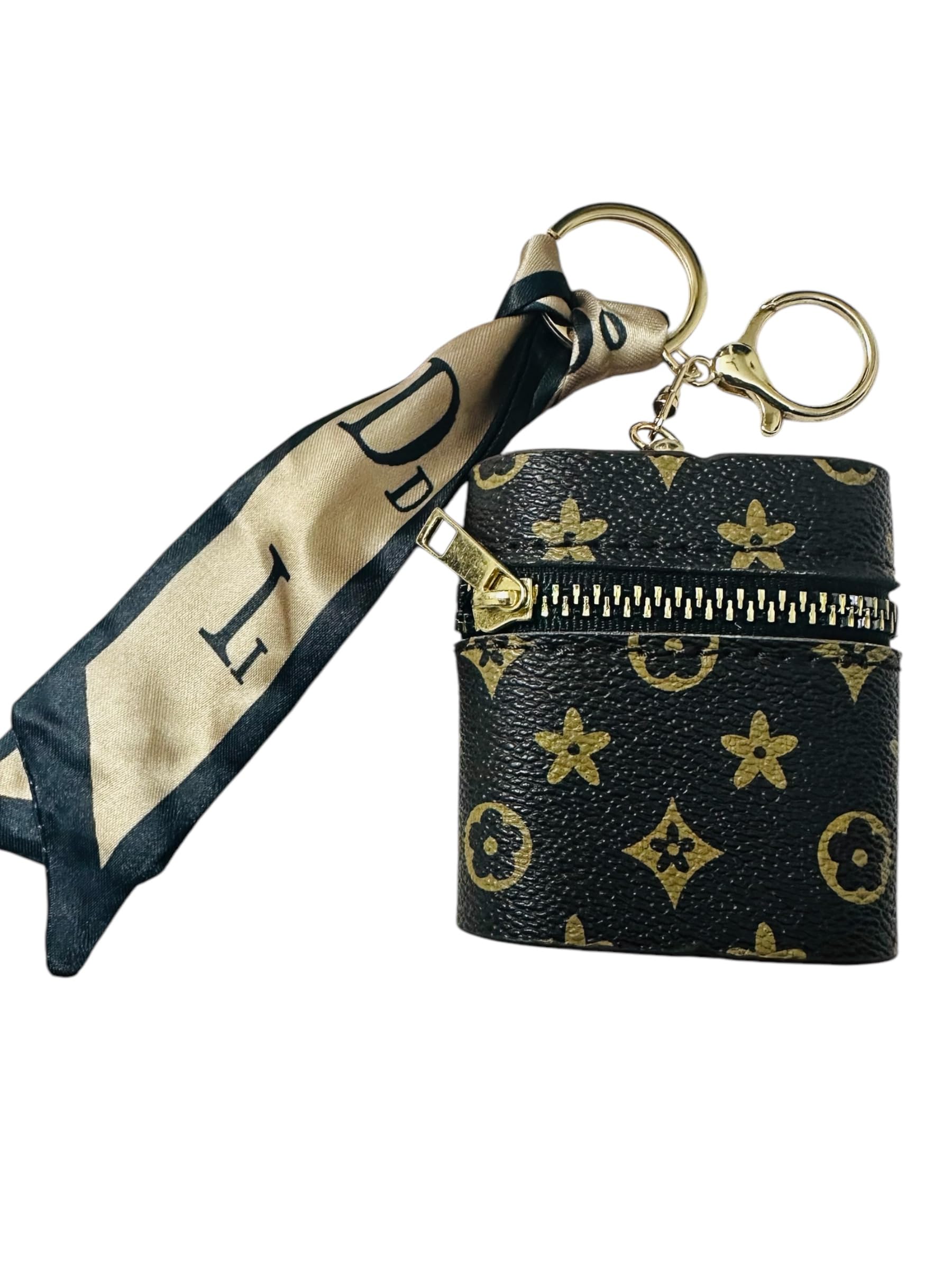 Designer Mini Coin Purse Keychain with Zipper, Black and Gold Floral Pattern, Stylish Women's Accessory-picture-23