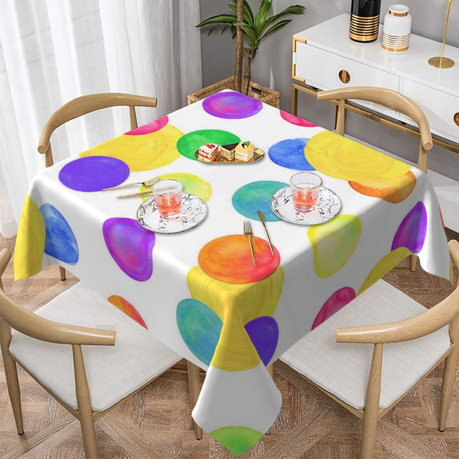 DCEHGEW Watercolor Rainbow Circle Prints Square Tablecloth 152x152 CM, Waterproof Fabric Table Cloth for Dining Table, Farmhouse Table Cover for Kitchen Dining Tabletop Decoration