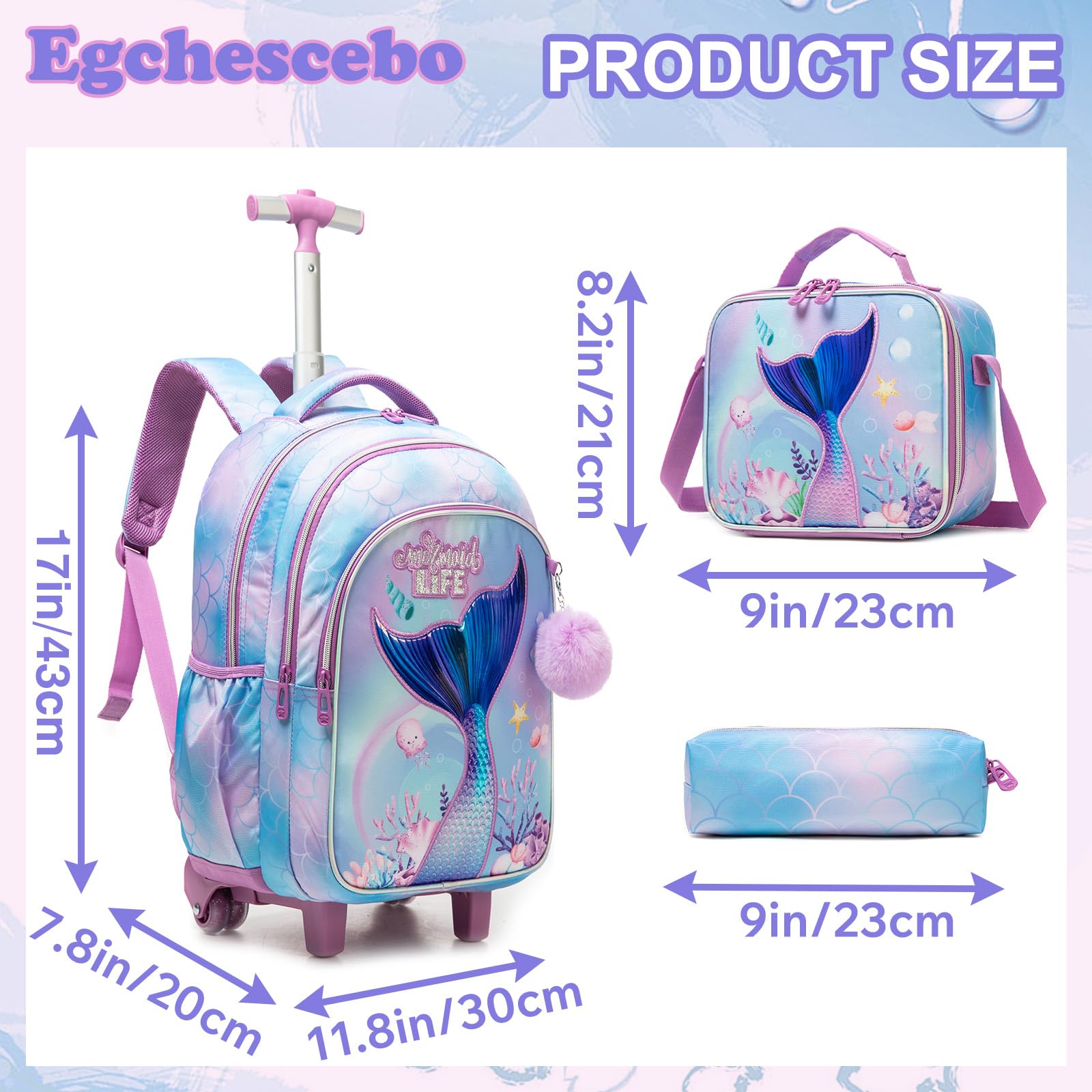 Zaino con Rotelle Bambina Trolley Sirena Zainetto Asilo Scuola Elementare Primaria 17” 3PCS Borsa Pranzo Portamatite Media Carrello Valigia Ragazza per Valigia da Viaggio Blu Cielo