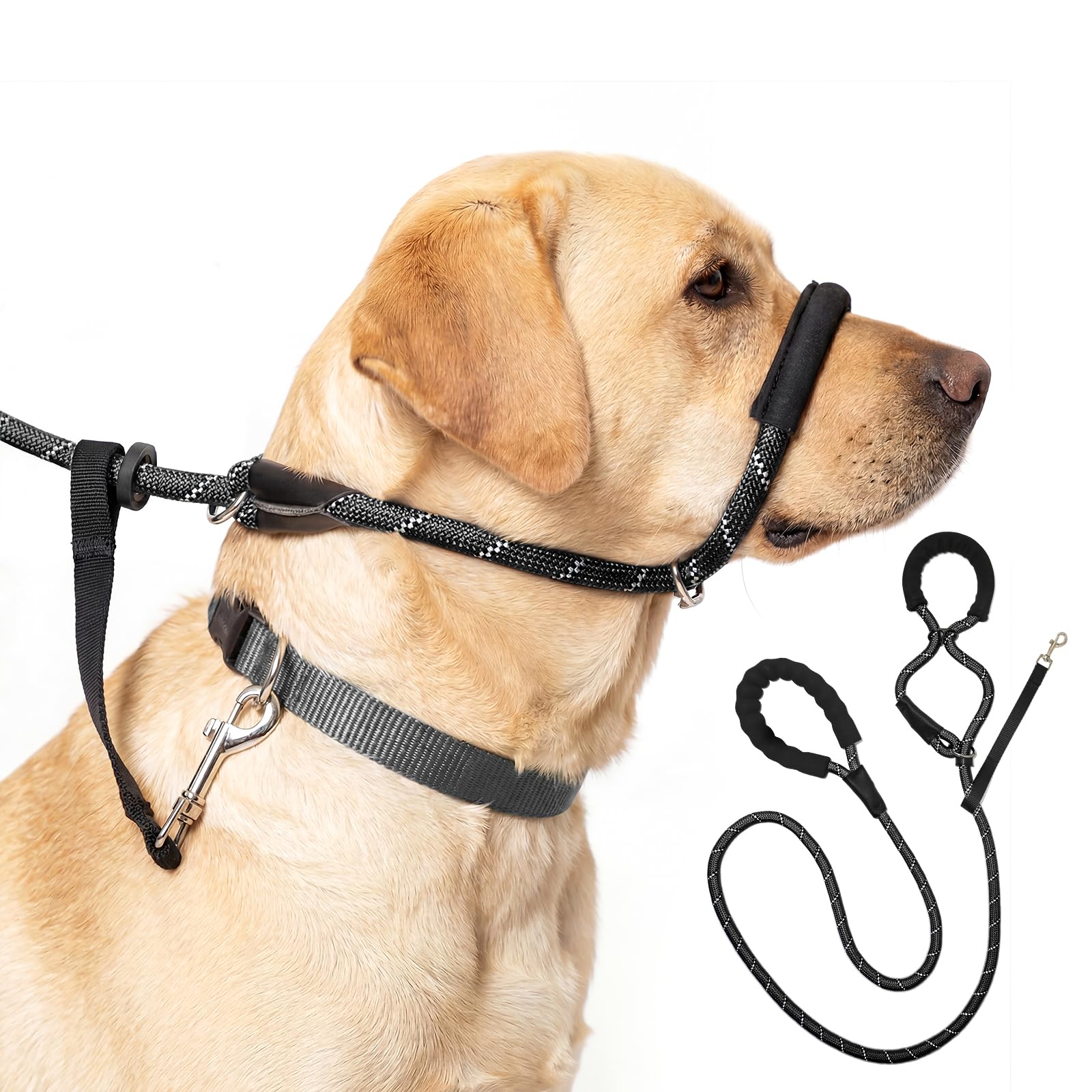 Cezlstesy Figure of 8 Dog Lead, Anti Pull Training Leash with Stopper, Slip Leads Reflective with Padded Nose Support (Black)