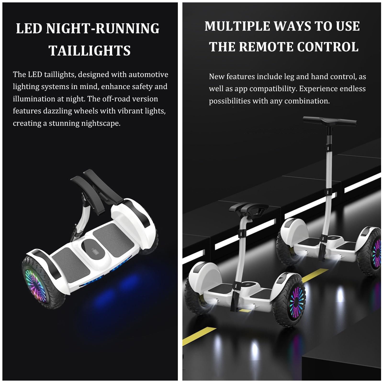 Trottinette Électrique Auto-Équilibrée 10 Pouces, Hoverboard Tout Terrain, Avec Haut-Parleur Bluetooth, Commandes Manuelles/Au Pied/Application, Système D'auto-Équilibrage White