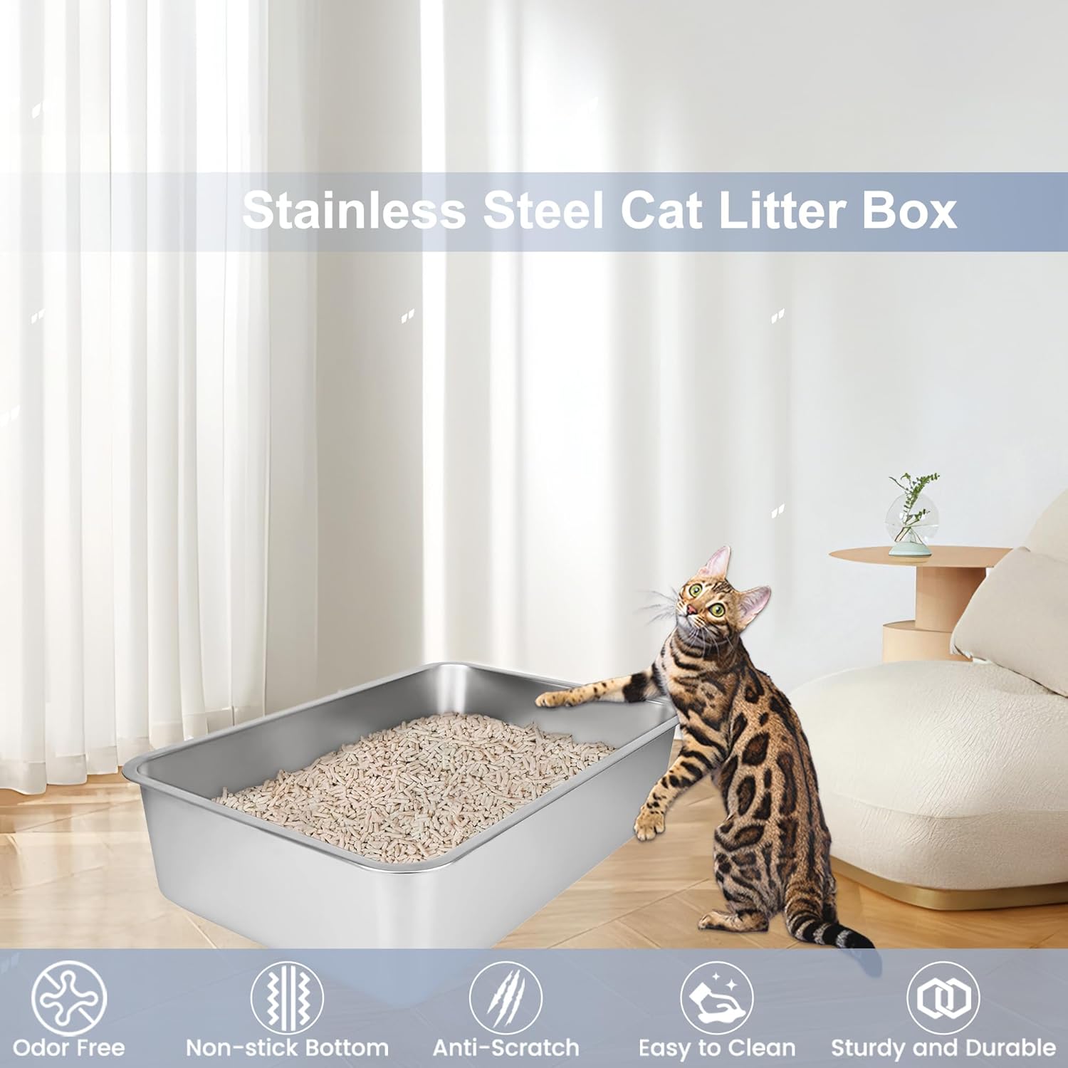 Stainless Steel Litter Box, Metal Litter Box for Little/Large Cats, Rust-Resistant, Odor-Control, Non-Sticky, Easy Rinse Cleaning, Durable & Long-Lasting(19.7"×13.8"×5.9" / 50×35×15cm)