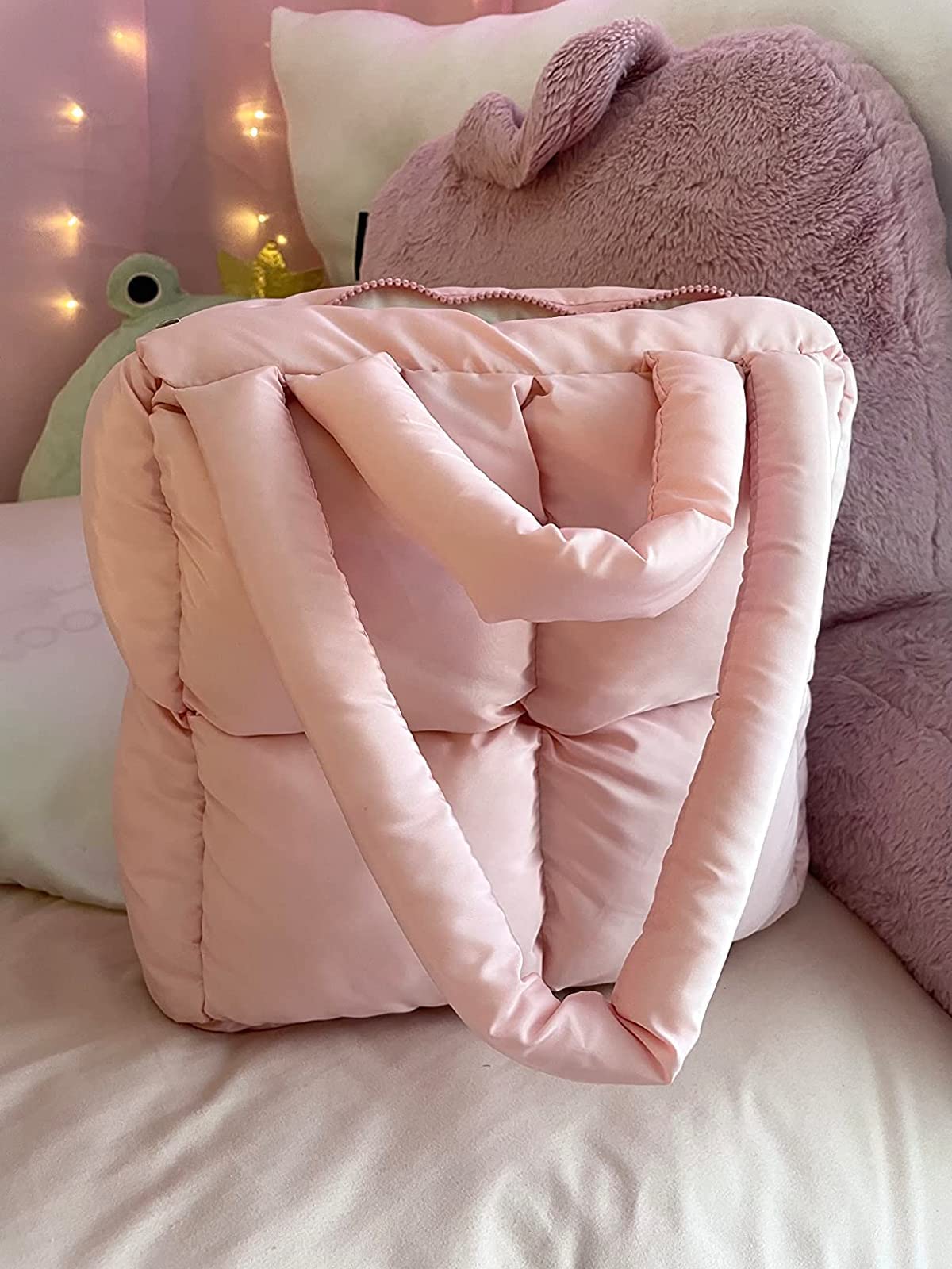 Puffer Tote Bag Women's Glossy Quilted Zipper Closure Puffy Tote Bag Down Padded Shoulder Bag Cute Handbag Aesthetic Handbag (Z-Pink)