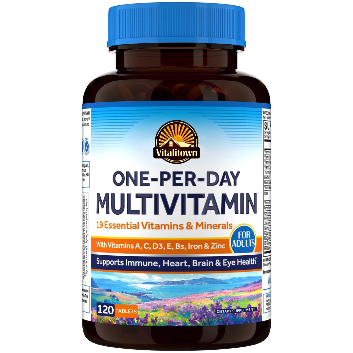 Vitalitown Multivitamin for Women & Men, with Iron, Zinc, Vitamin D3, A, C, B, E, 19 Key Nutrients, One Per Day, for Energy, Immune, Brain, Heart Support, 120 Tablets