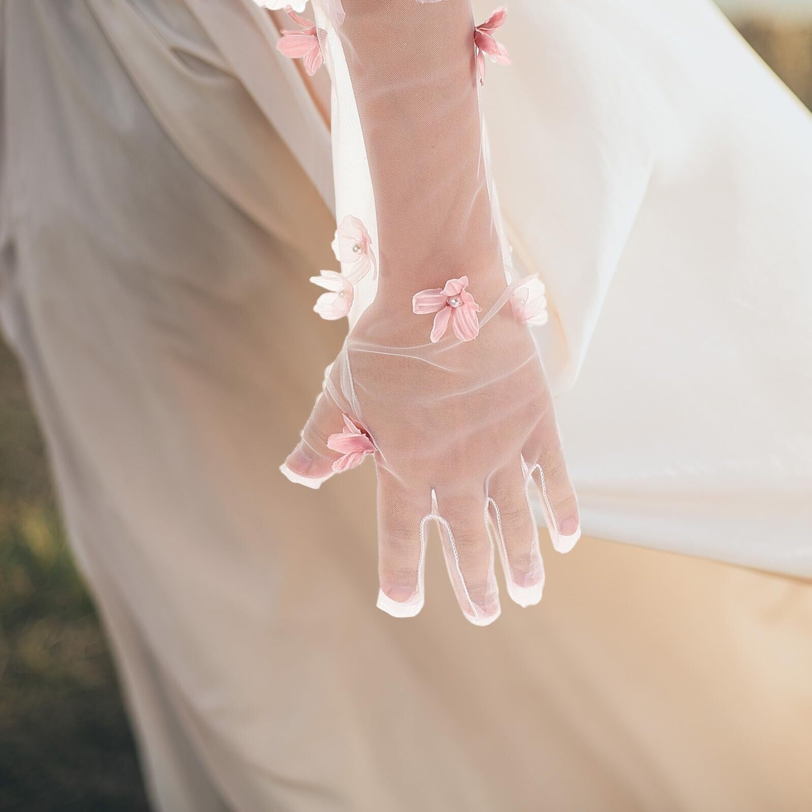 Guanti da sposa lunghi in tulle trasparente rosa, guanti da sposa in rete floreale for accessori for feste serali da donna Guanti a maglia metallica