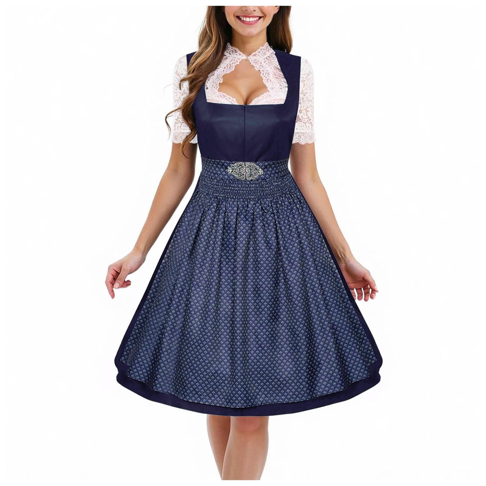 Kleid Dirndl Damen Midi Oktoberfest mit Schürze und Bluse Fernblau geblümt Kleidung Dirndl Midi Trachtenkleid inkl. Trachtenrock Dirndlbluse Dirndlschürze Oktoberfest Trachtenkleid Trachtenmode