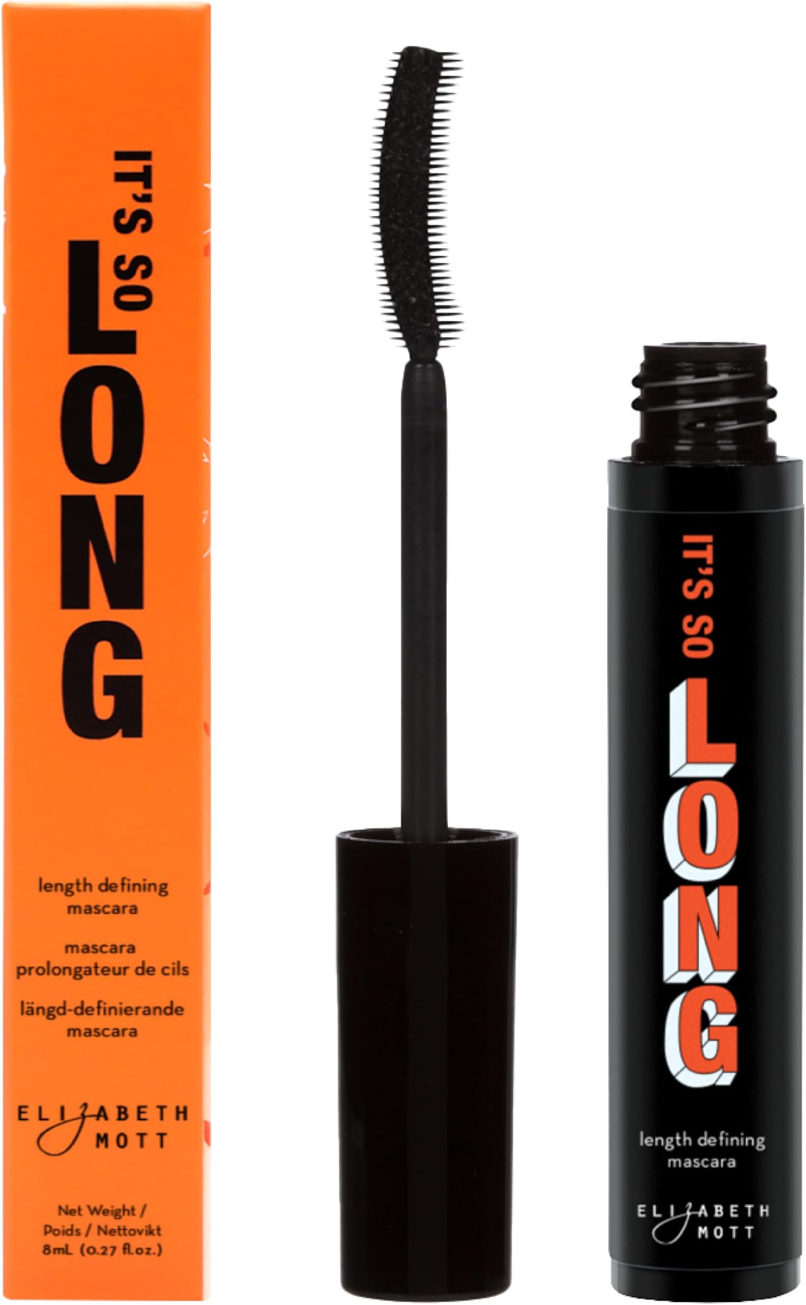 Elizabeth Mott Black Lengthening Mascara – Smudge-Proof, Water-Resistant, No Clump or Flake, Volumizing, Curling & Lash-Extending Fiber Formula with C-Curve Silicone Brush for Full, Long Lashes – 8ml